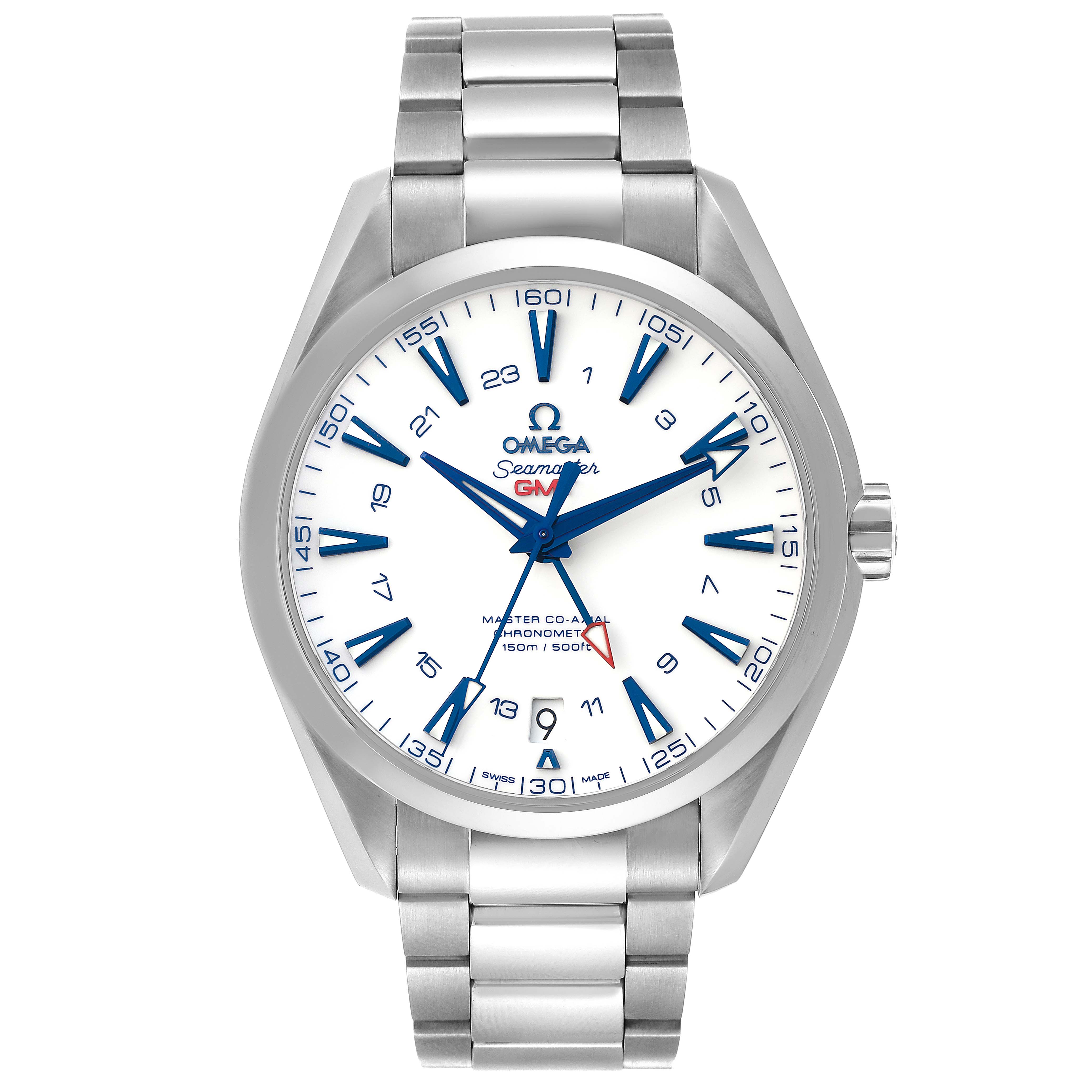 The image shows a front view of the Omega Aqua Terra 231.90.43.22.04.001 Men's Titanium White Dial 231.90.43.22.04.001 Men's Titanium White Dial watch, displaying its face and bracelet.