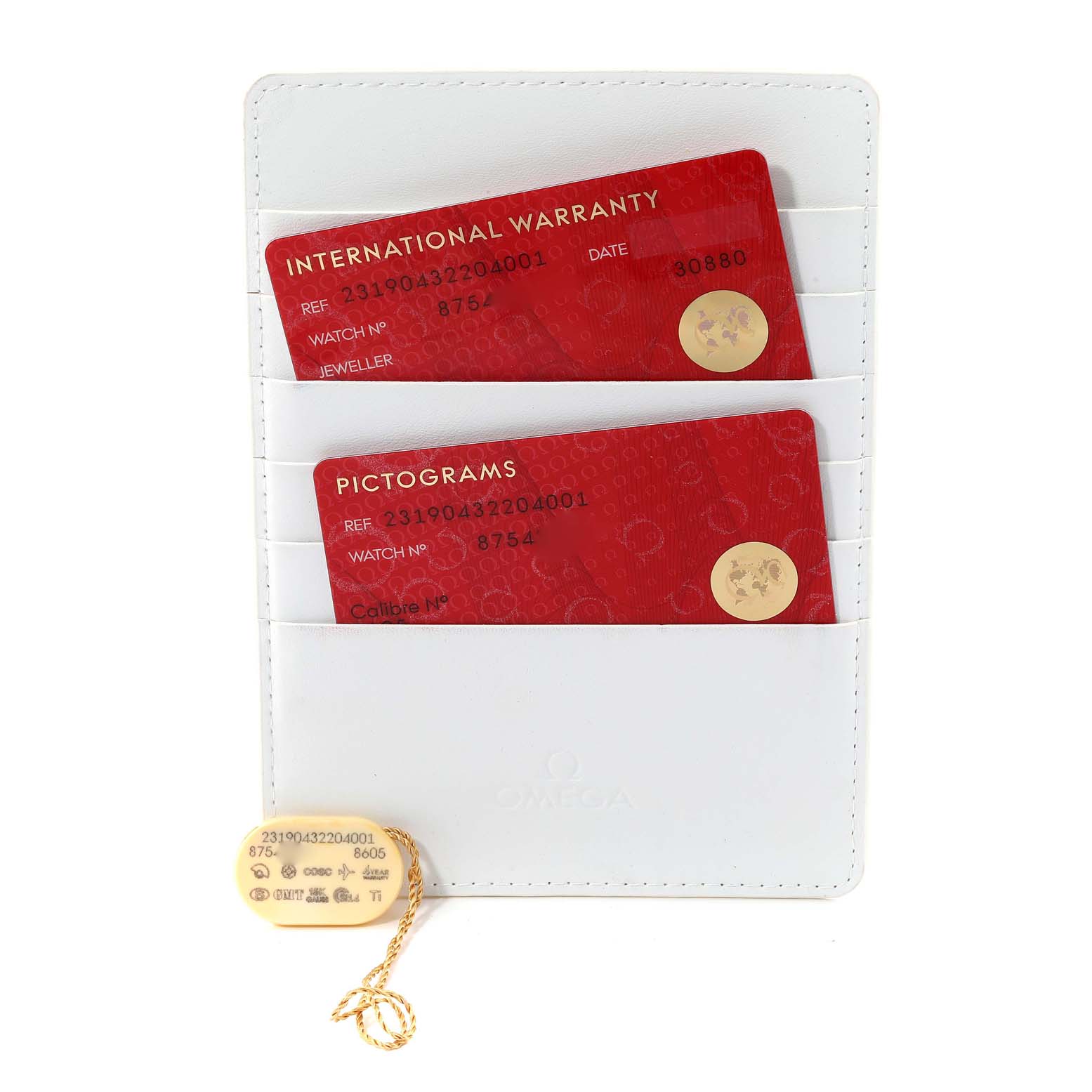 The image shows the International Warranty and Pictograms cards for the Omega Aqua Terra 231.90.43.22.04.001 Men's Titanium White Dial 231.90.43.22.04.001 Men's Titanium White Dial watch, along with a white card sleeve and a tag.