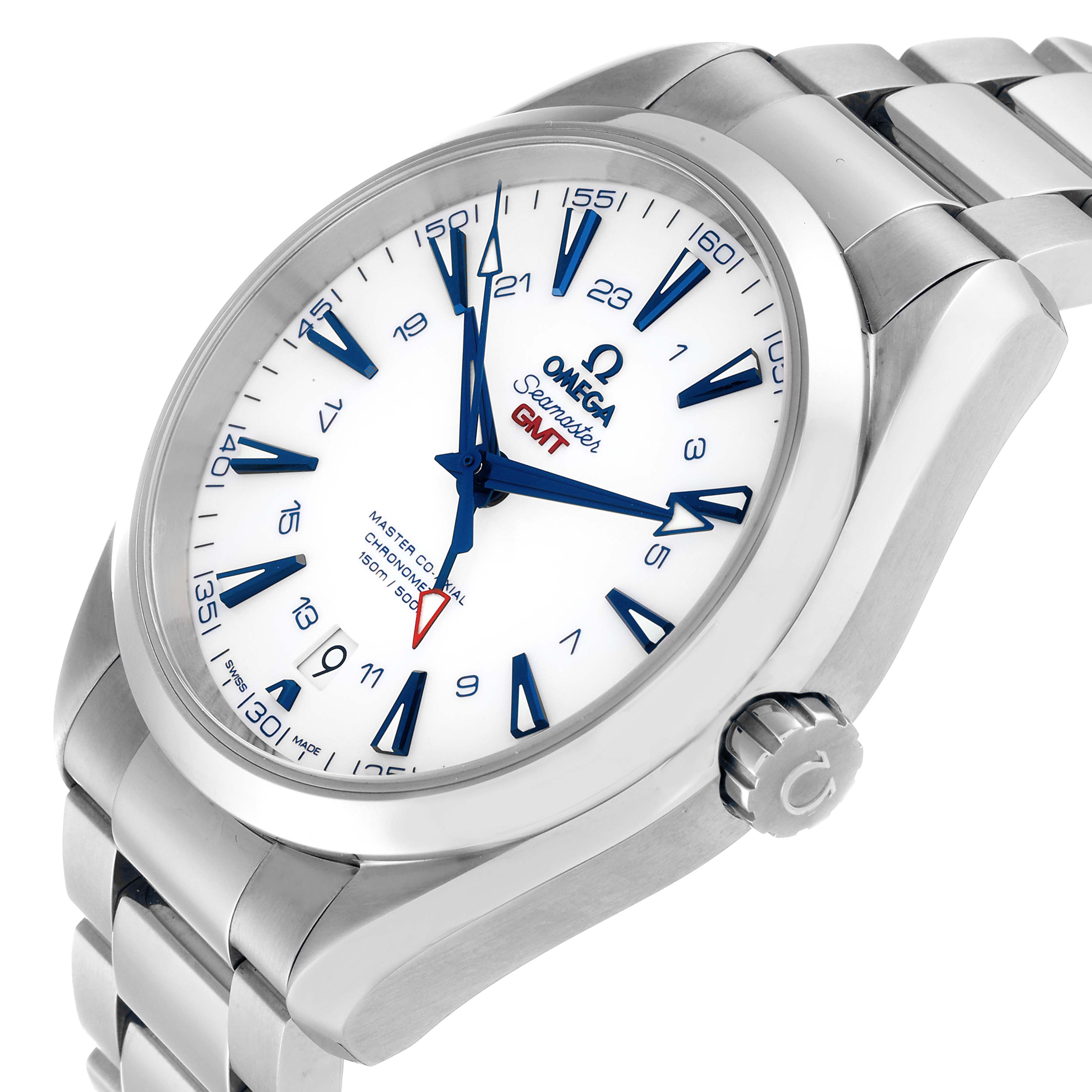 This image displays a close-up, angled view of the Omega Aqua Terra 231.90.43.22.04.001 Men's Titanium White Dial 231.90.43.22.04.001 Men's Titanium White Dial watch, showcasing its face, crown, and bracelet.