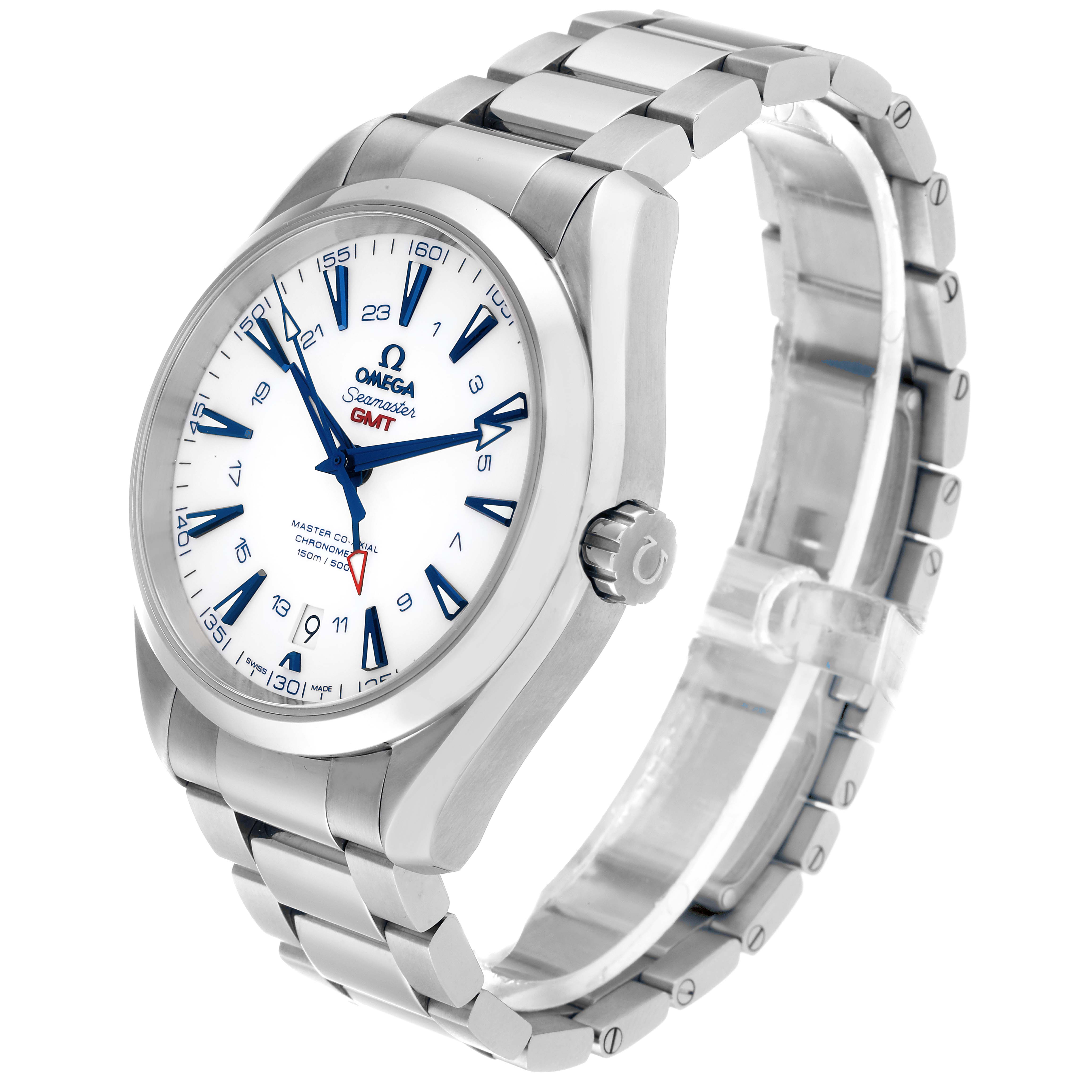 The Omega Aqua Terra 231.90.43.22.04.001 Men's Titanium White Dial 231.90.43.22.04.001 Men's Titanium White Dial watch is shown at a 3 o'clock angle, highlighting its dial, bezel, crown, and bracelet.