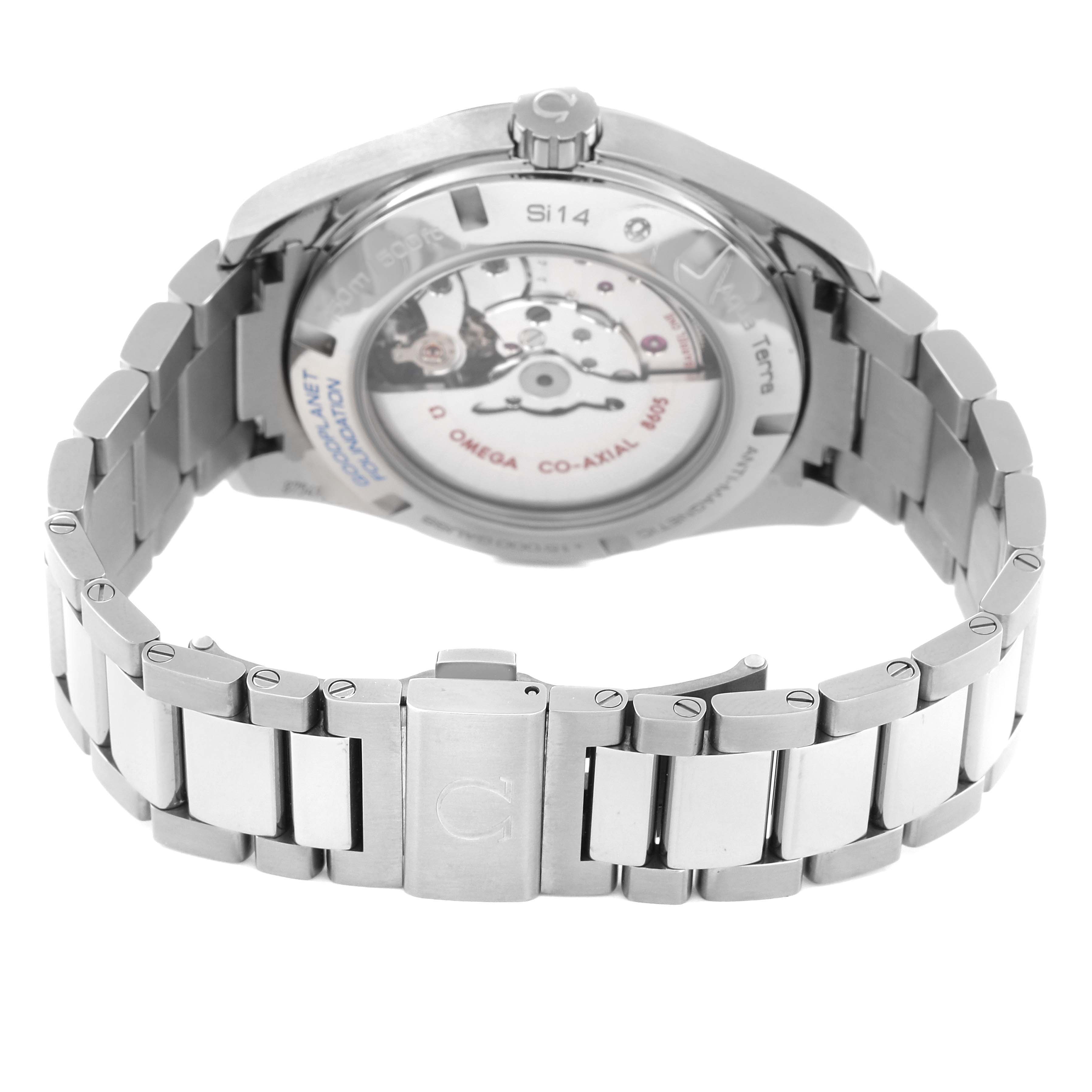 The image shows the back and bracelet of the Omega Aqua Terra 231.90.43.22.04.001 Men's Titanium White Dial 231.90.43.22.04.001 Men's Titanium White Dial watch, highlighting the movement and clasp.