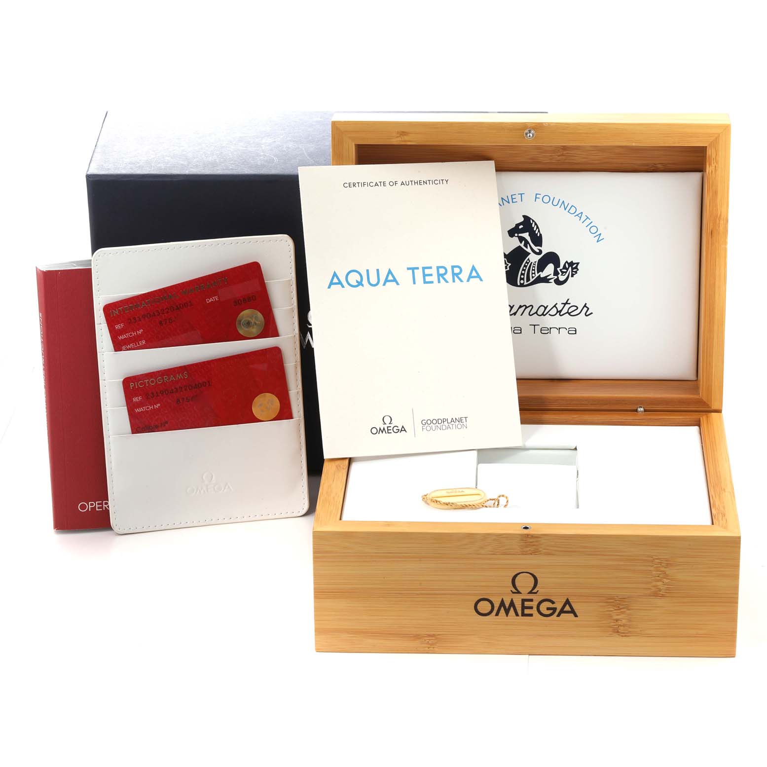 The image shows the Omega Aqua Terra 231.90.43.22.04.001 Men's Titanium White Dial 231.90.43.22.04.001 Men's Titanium White Dial watch's wooden box, authenticity certificate, operation manual, and red cards in a white holder.