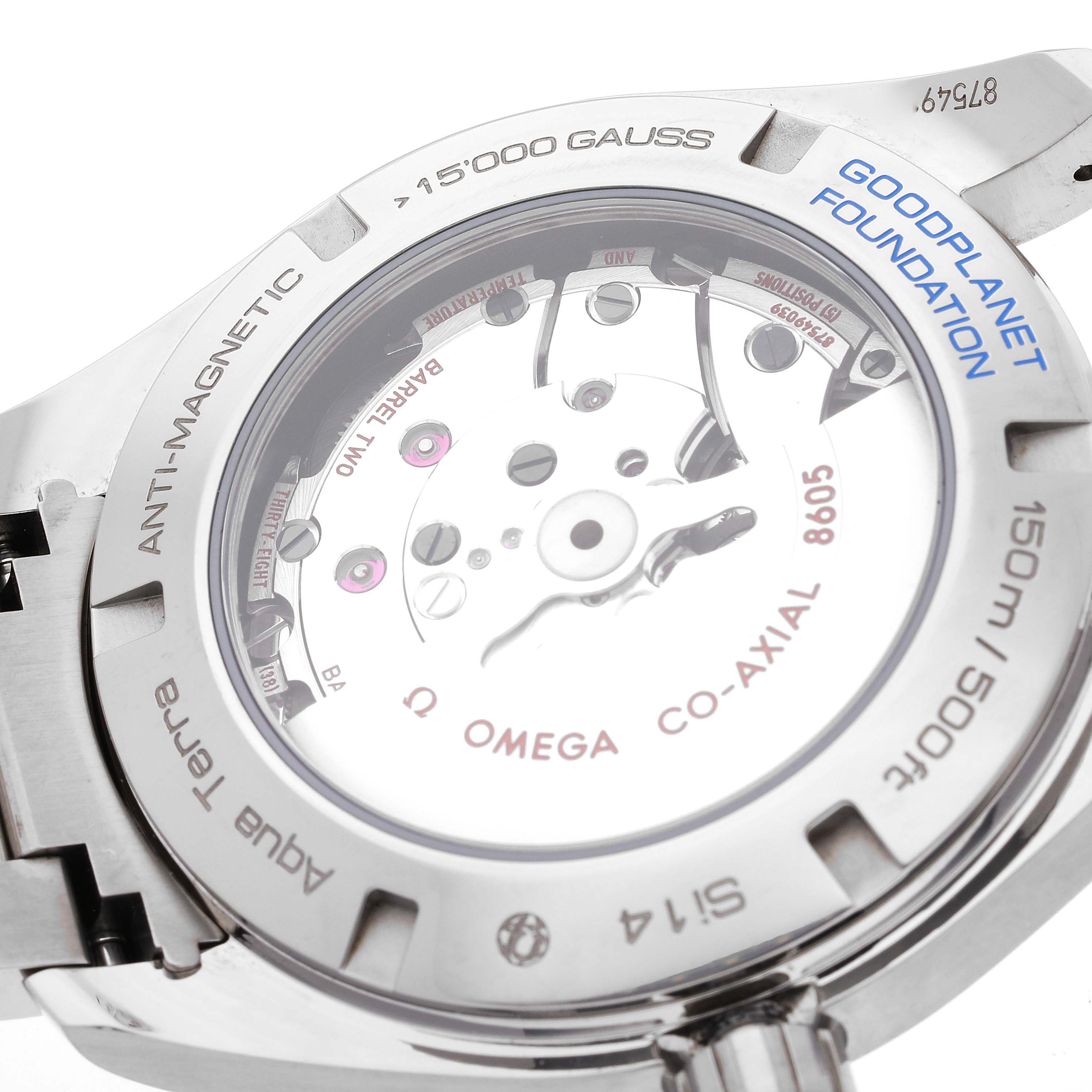 The image shows the back of an Omega Aqua Terra 231.90.43.22.04.001 Men's Titanium White Dial 231.90.43.22.04.001 Men's Titanium White Dial watch, highlighting its transparent case back and movement details.