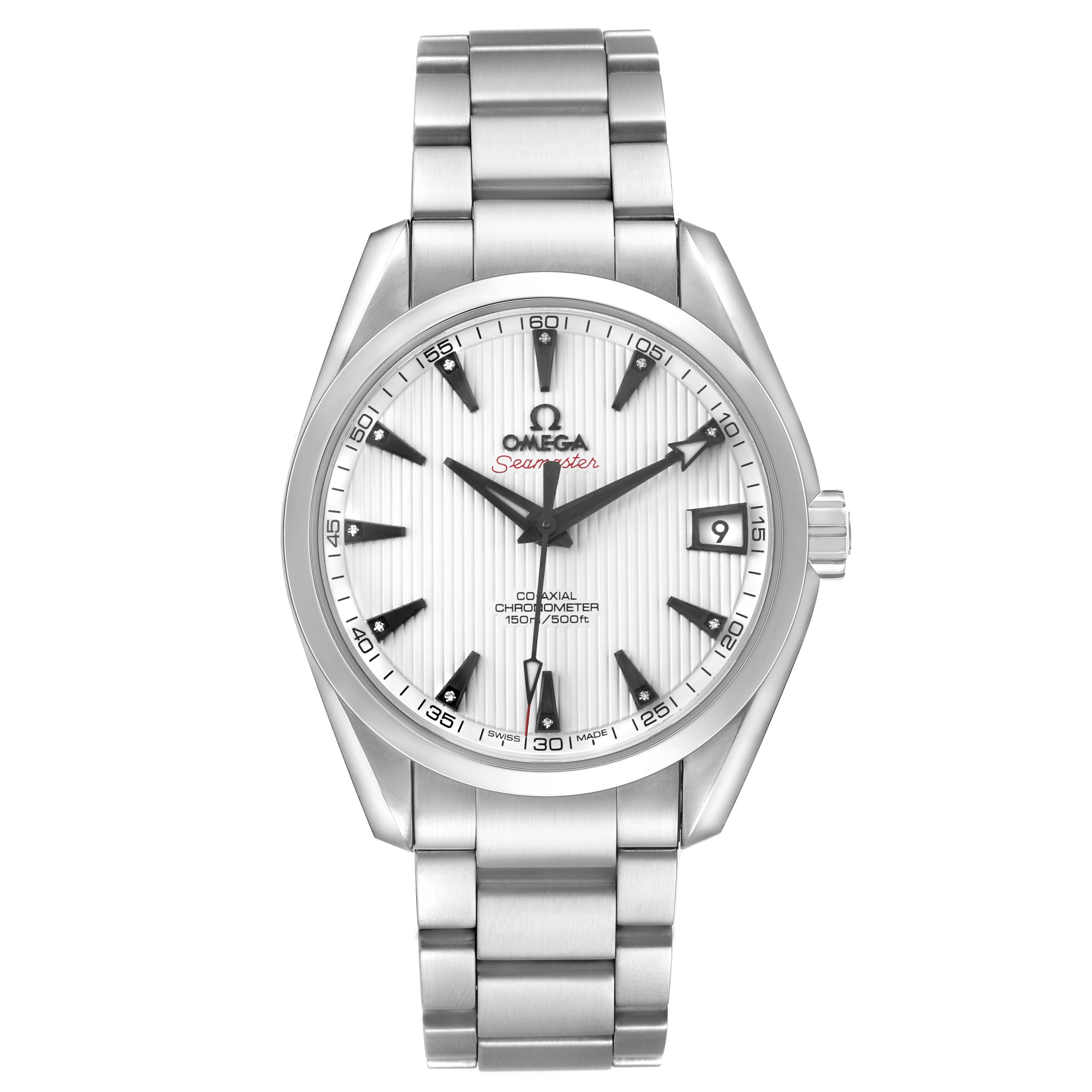 The Omega Seamaster 231.10.39.21.54.001 Men's Stainless Steel White Dial is shown from a front angle, displaying the dial, bracelet, and crown.