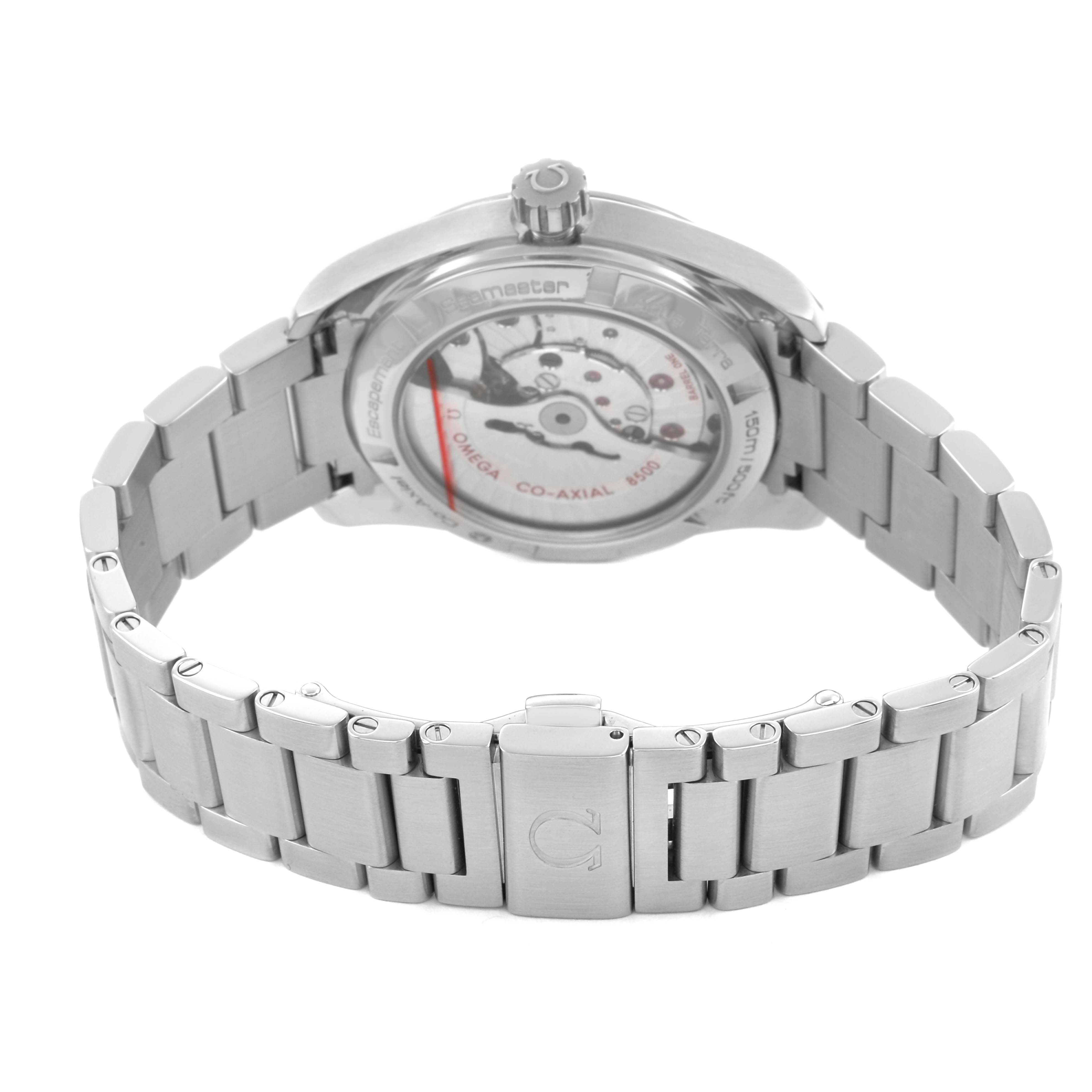 The Omega Seamaster 231.10.39.21.54.001 Men's Stainless Steel White Dial watch is shown from the rear, displaying the open case back and metal bracelet.