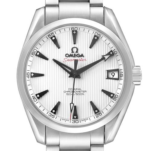 The image shows a front view of the Omega Seamaster 231.10.39.21.54.001 Men's Stainless Steel White Dial, highlighting its dial, hands, date window, and part of the bracelet.
