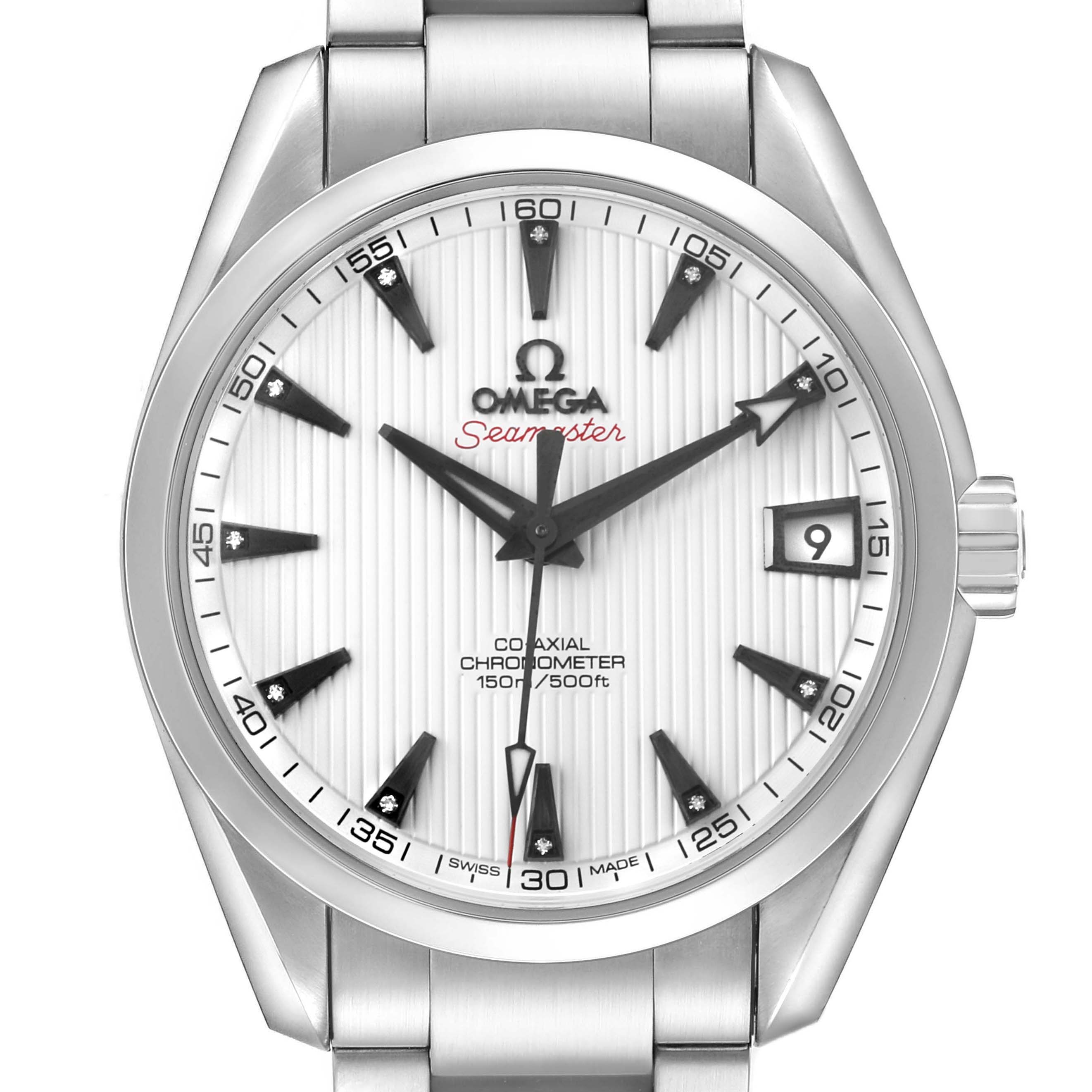 The Omega Seamaster 231.10.39.21.54.001 Men's Stainless Steel White Dial watch is shown from a front angle, displaying the face, dial, bracelet, and date window at 3 o'clock.