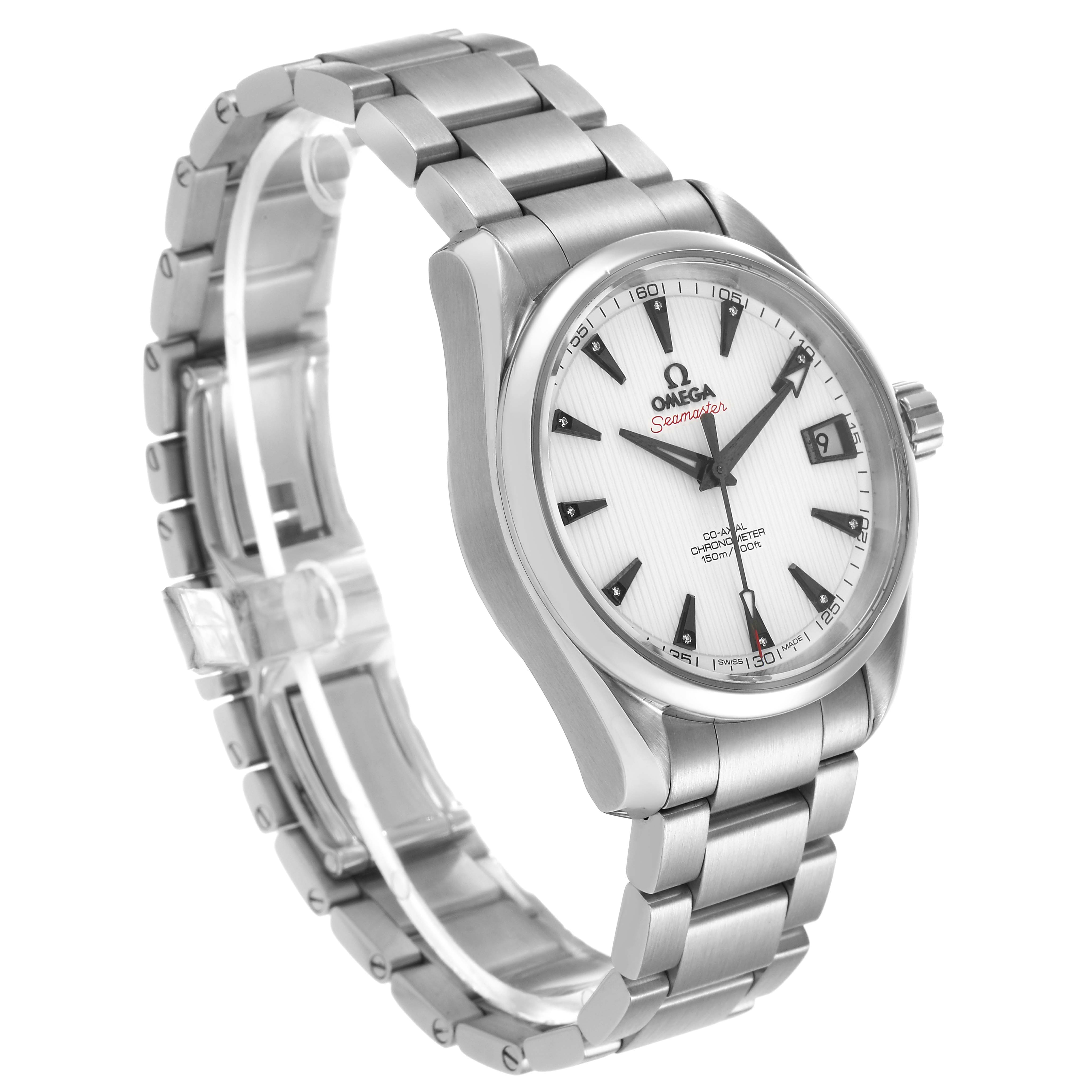 The Omega Seamaster 231.10.39.21.54.001 Men's Stainless Steel White Dial watch is shown at a three-quarter angle, highlighting the face, bezel, crown, and metal bracelet.