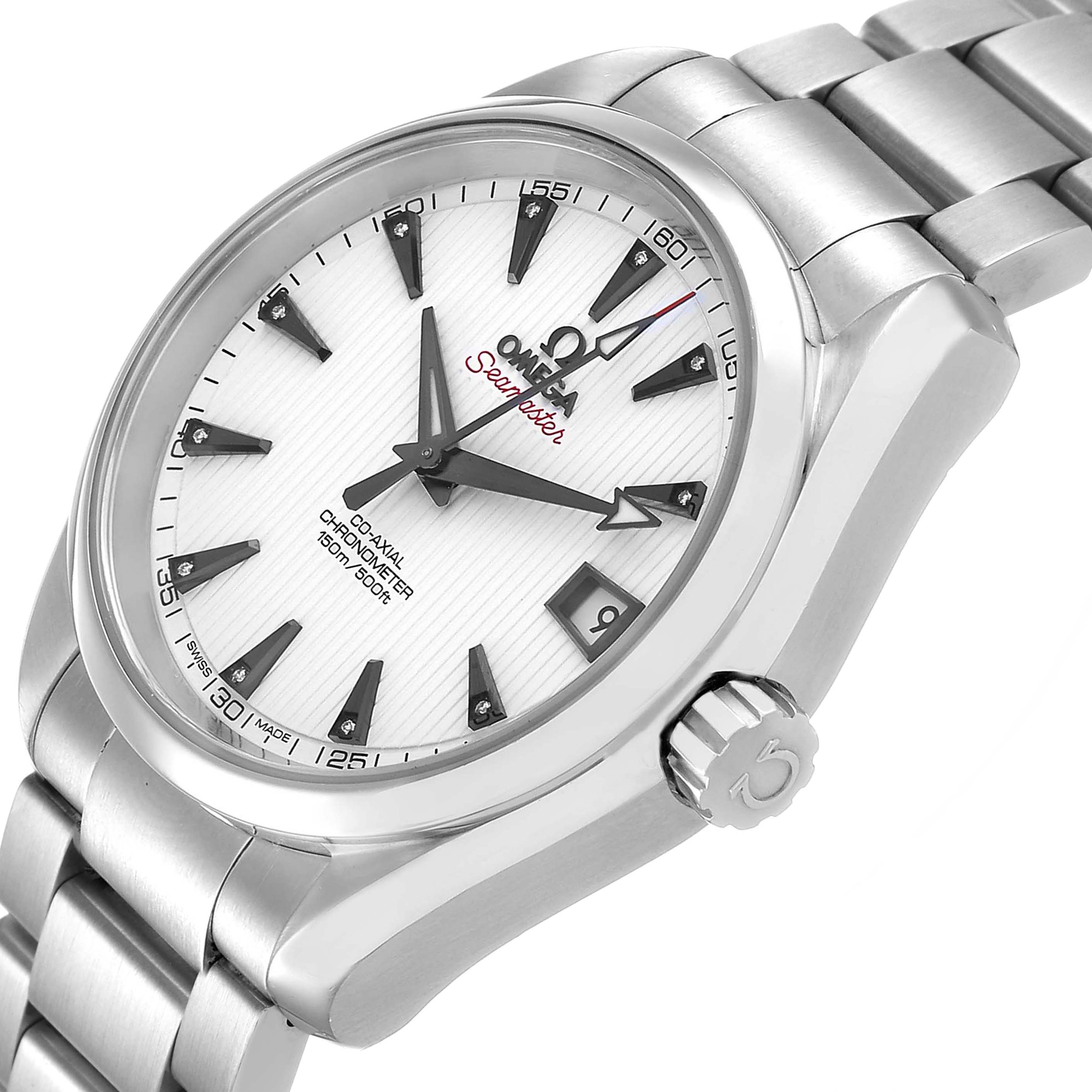 The Omega Seamaster 231.10.39.21.54.001 Men's Stainless Steel White Dial watch is shown at a three-quarter angle, highlighting the dial, crown, and part of the bracelet.