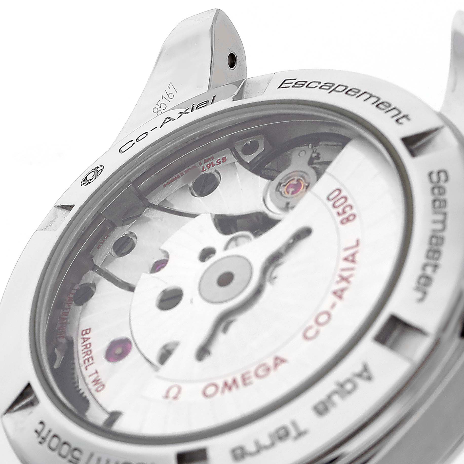 The Omega Seamaster 231.10.39.21.54.001 Men's Stainless Steel White Dial is shown from a close-up angle, highlighting the Co-Axial movement details on the back.
