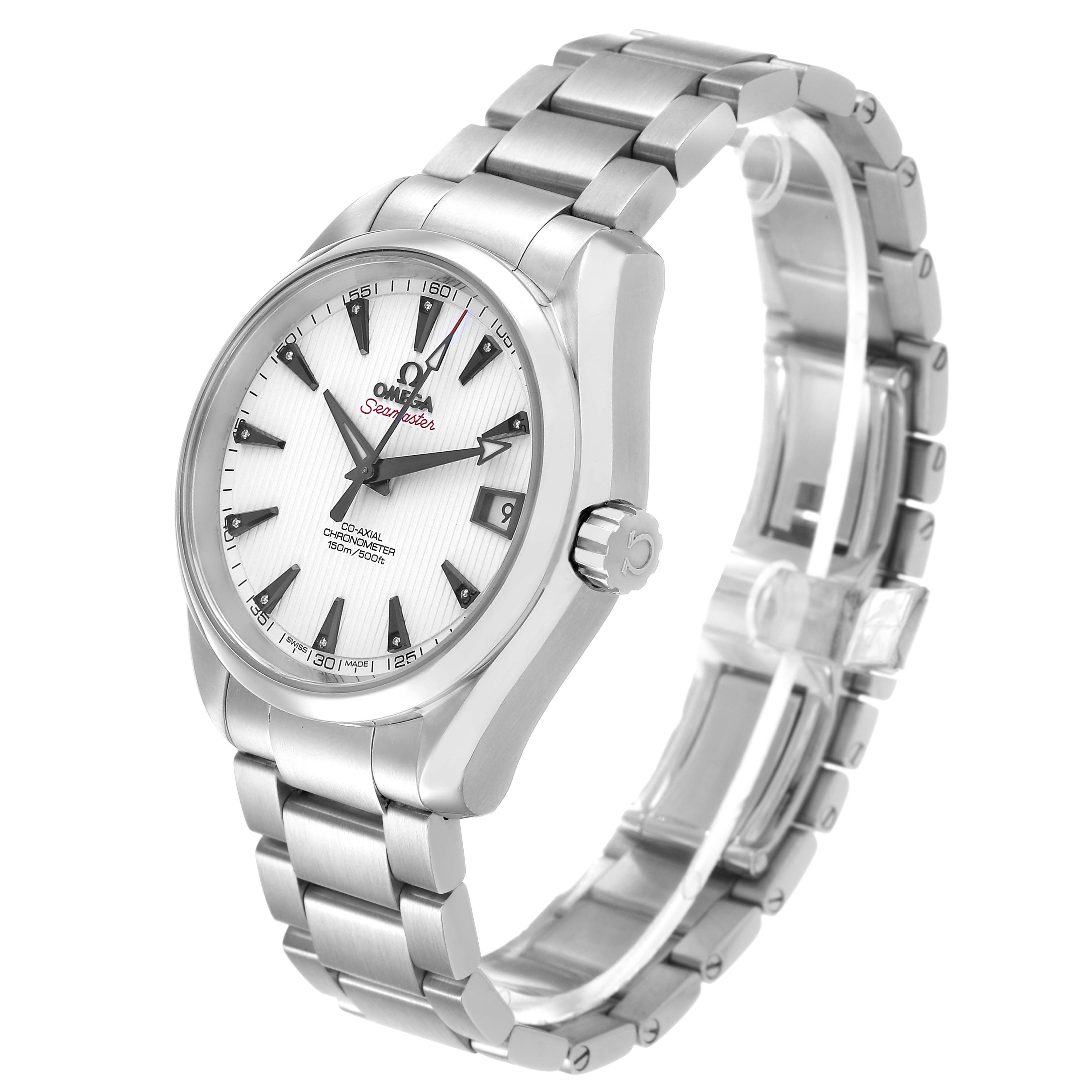 The Omega Seamaster 231.10.39.21.54.001 Men's Stainless Steel White Dial watch is shown at a three-quarter angle, highlighting its face, bezel, crown, and bracelet.