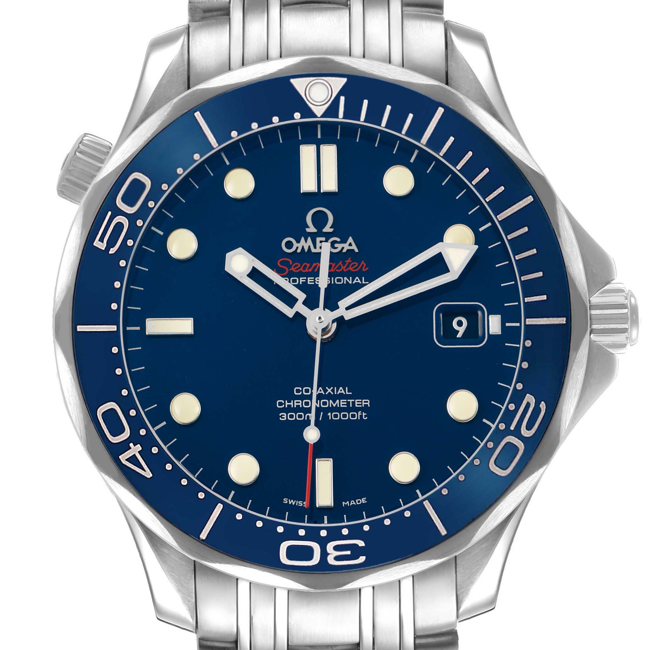 The Omega Seamaster 212.30.41.20.03.001 Men's Stainless Steel Blue Dial watch is shown from a front angle, displaying the blue dial, bezel, hands, bracelet, and date window.