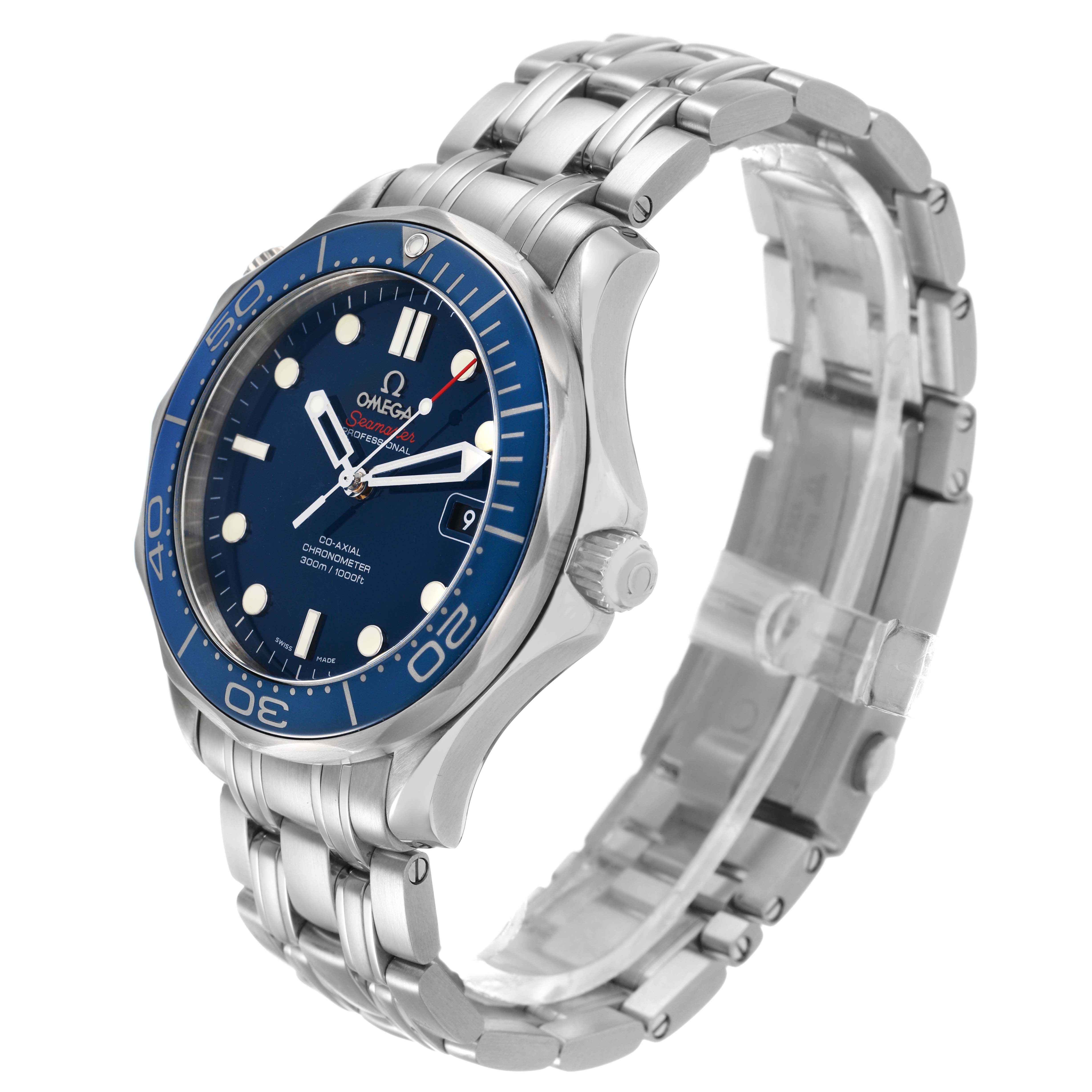 The image shows an Omega Seamaster 212.30.41.20.03.001 Men's Stainless Steel Blue Dial watch at a three-quarter angle highlighting the blue dial, bezel, and metal bracelet.