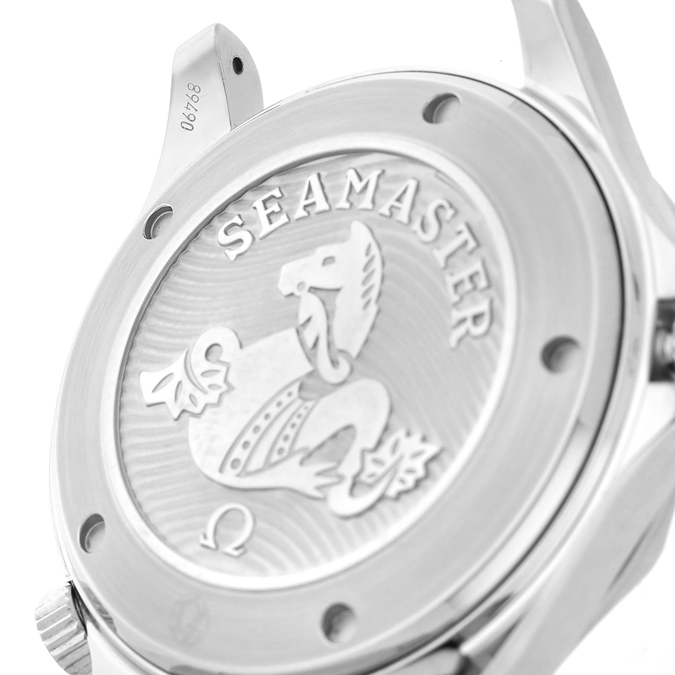 The image shows the back case of the Omega Seamaster 212.30.41.20.03.001 Men's Stainless Steel Blue Dial watch, featuring engraved branding and decorative details.