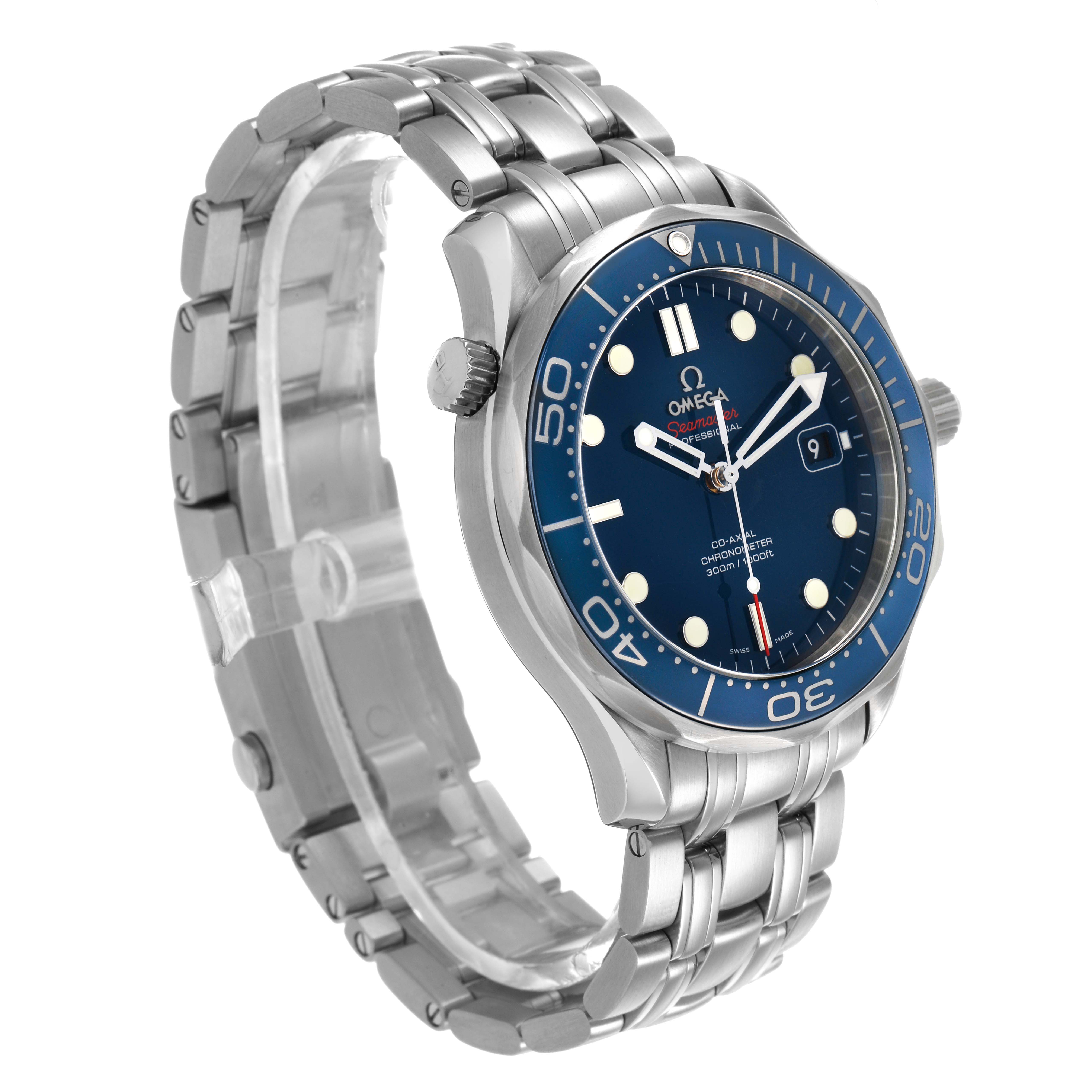 The Omega Seamaster 212.30.41.20.03.001 Men's Stainless Steel Blue Dial watch is shown at an angled view, highlighting the blue dial, bezel, and stainless steel bracelet.