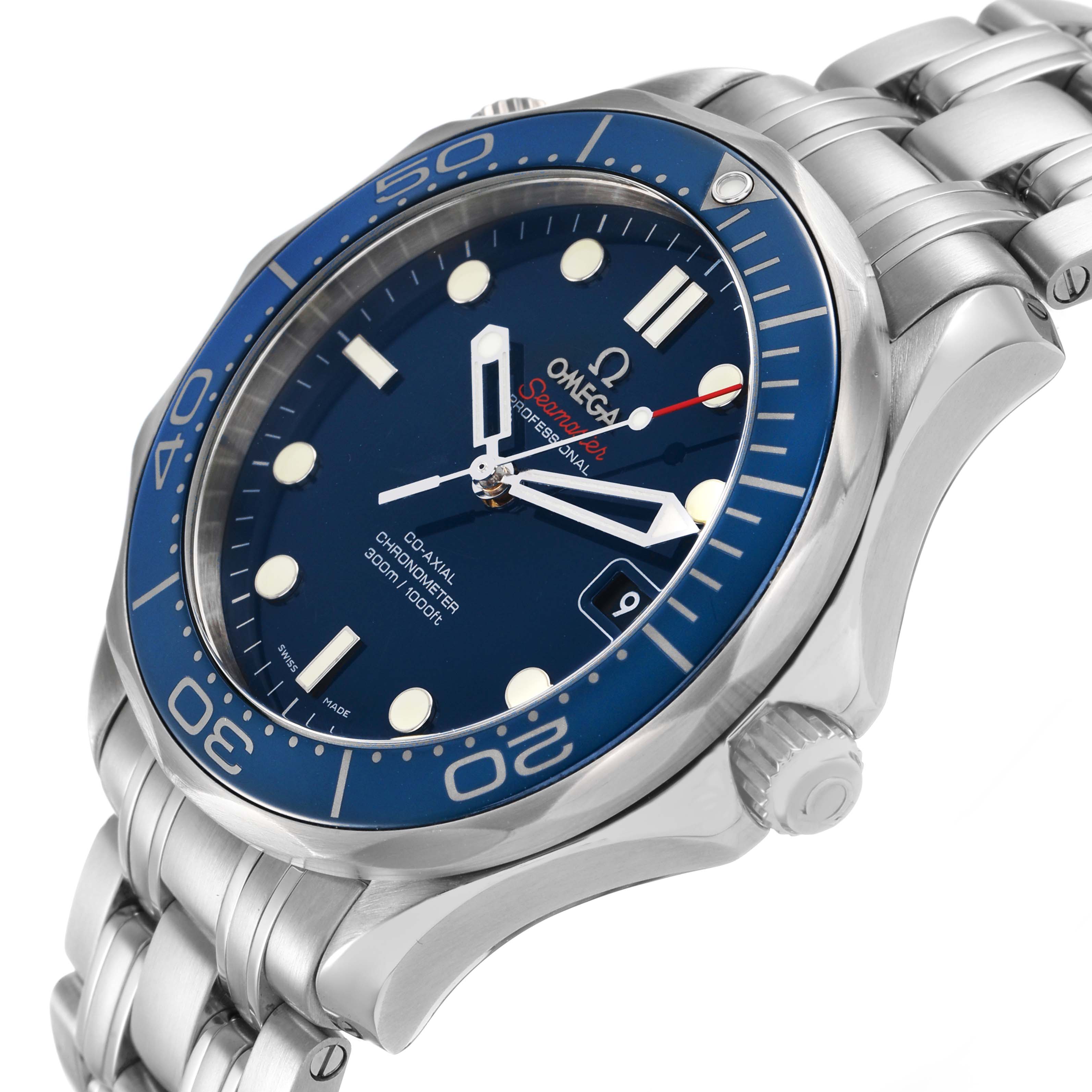 The Omega Seamaster 212.30.41.20.03.001 Men's Stainless Steel Blue Dial watch is shown from an angled view, displaying the face, bezel, and part of the bracelet.