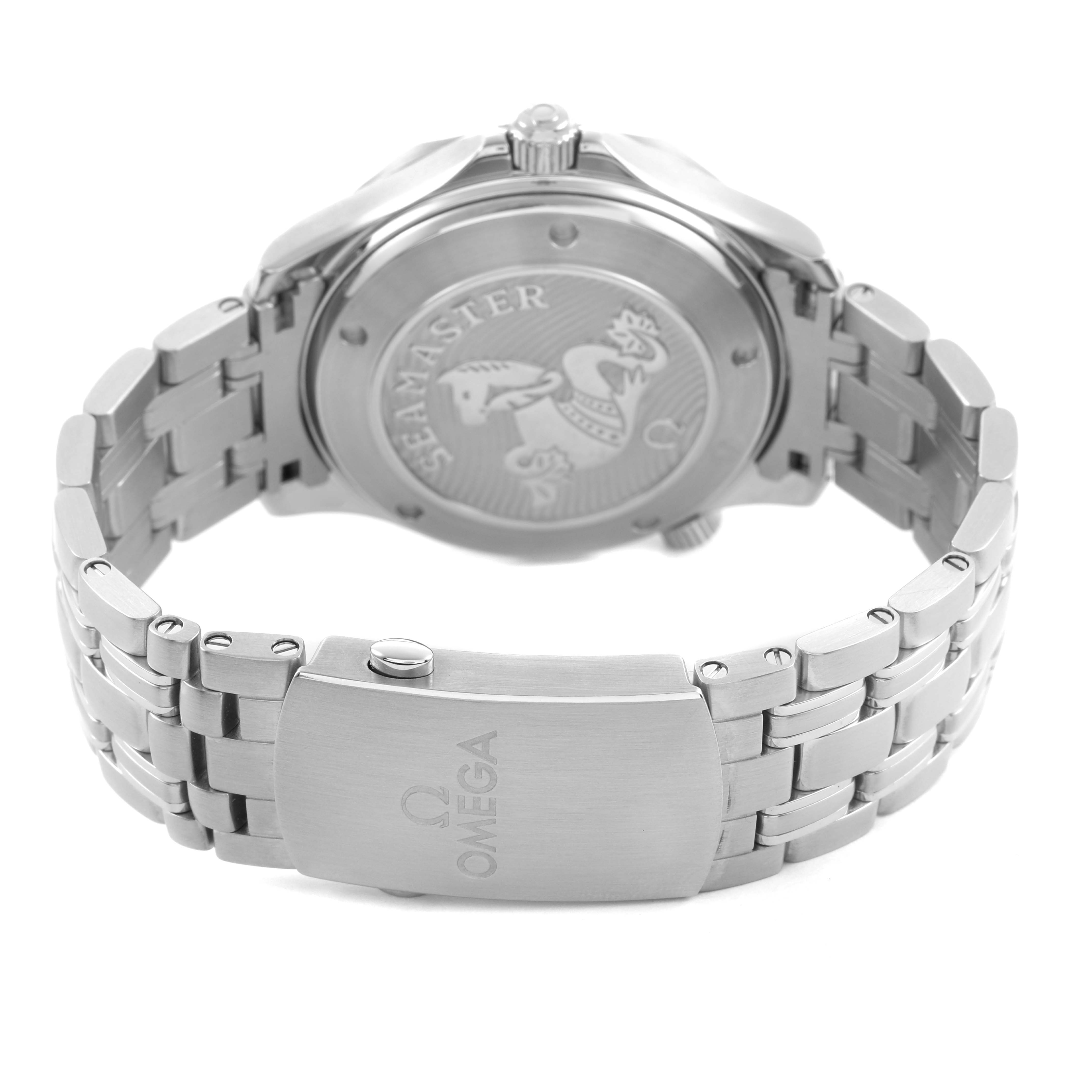 The image shows the back and bracelet clasp of the Omega Seamaster 212.30.41.20.03.001 Men's Stainless Steel Blue Dial watch from a rear angle.