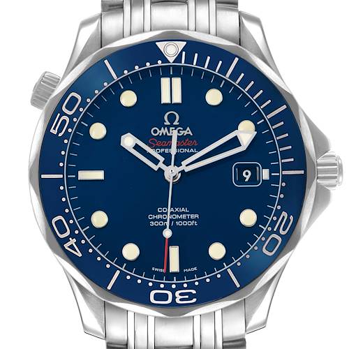 The Omega Seamaster 212.30.41.20.03.001 Men's Stainless Steel Blue Dial watch is shown from a front view, highlighting the dial, bezel, and part of the bracelet.