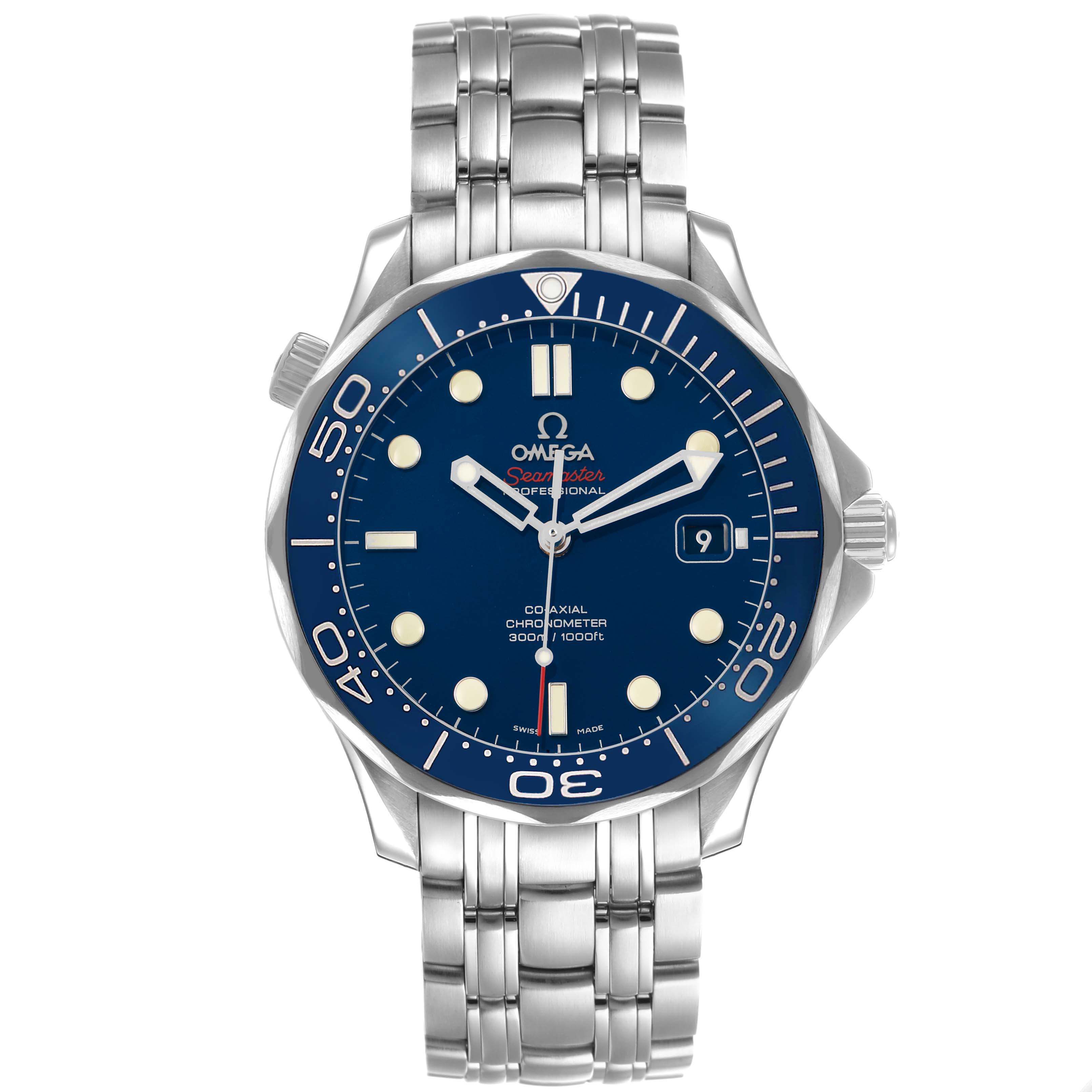 The Omega Seamaster 212.30.41.20.03.001 Men's Stainless Steel Blue Dial watch is shown from a front view, displaying its blue dial, silver bracelet, and round bezel with markers.