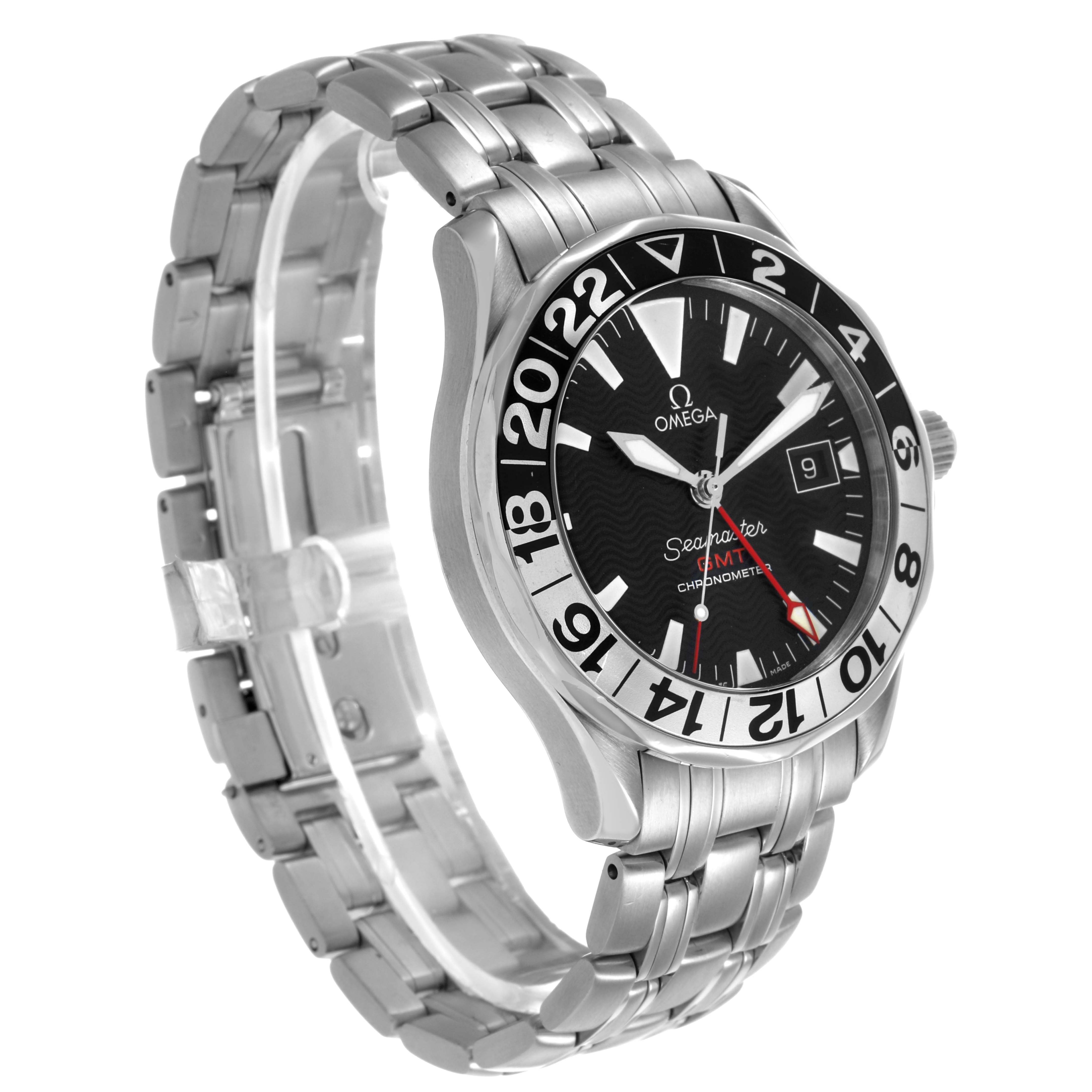 The Omega Seamaster 2534.50.00 Men's Stainless Steel Black Dial watch is shown at a slightly tilted angle, highlighting its black dial, date window, and metal bracelet.