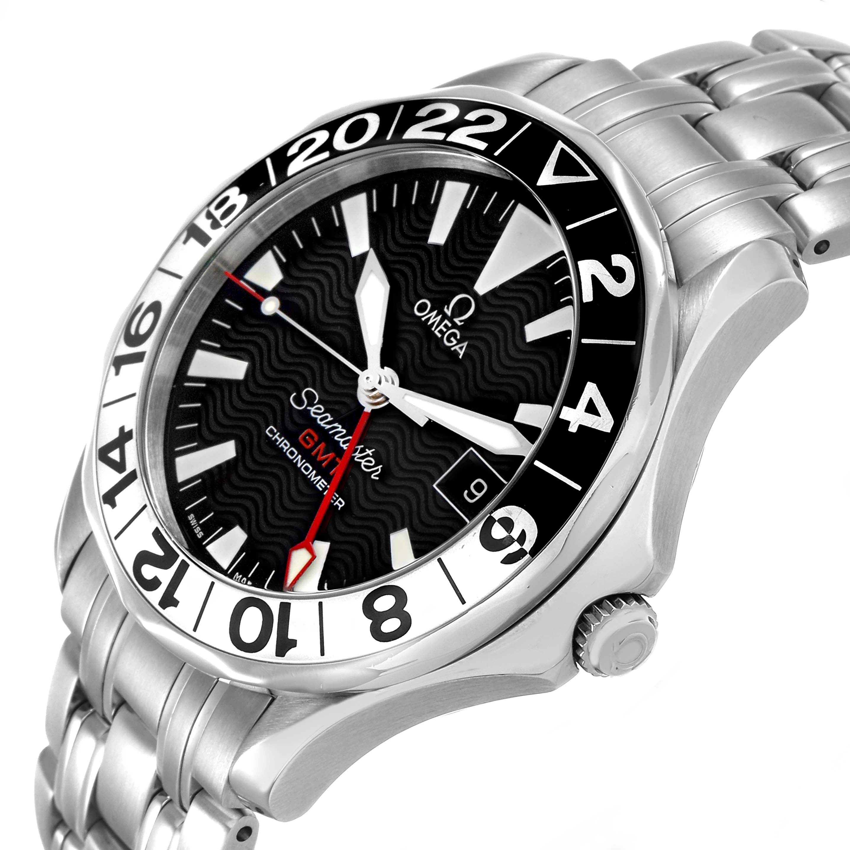 The Omega Seamaster 2534.50.00 Men's Stainless Steel Black Dial watch is shown at a side angle displaying the bezel, face, hands, and partial bracelet.