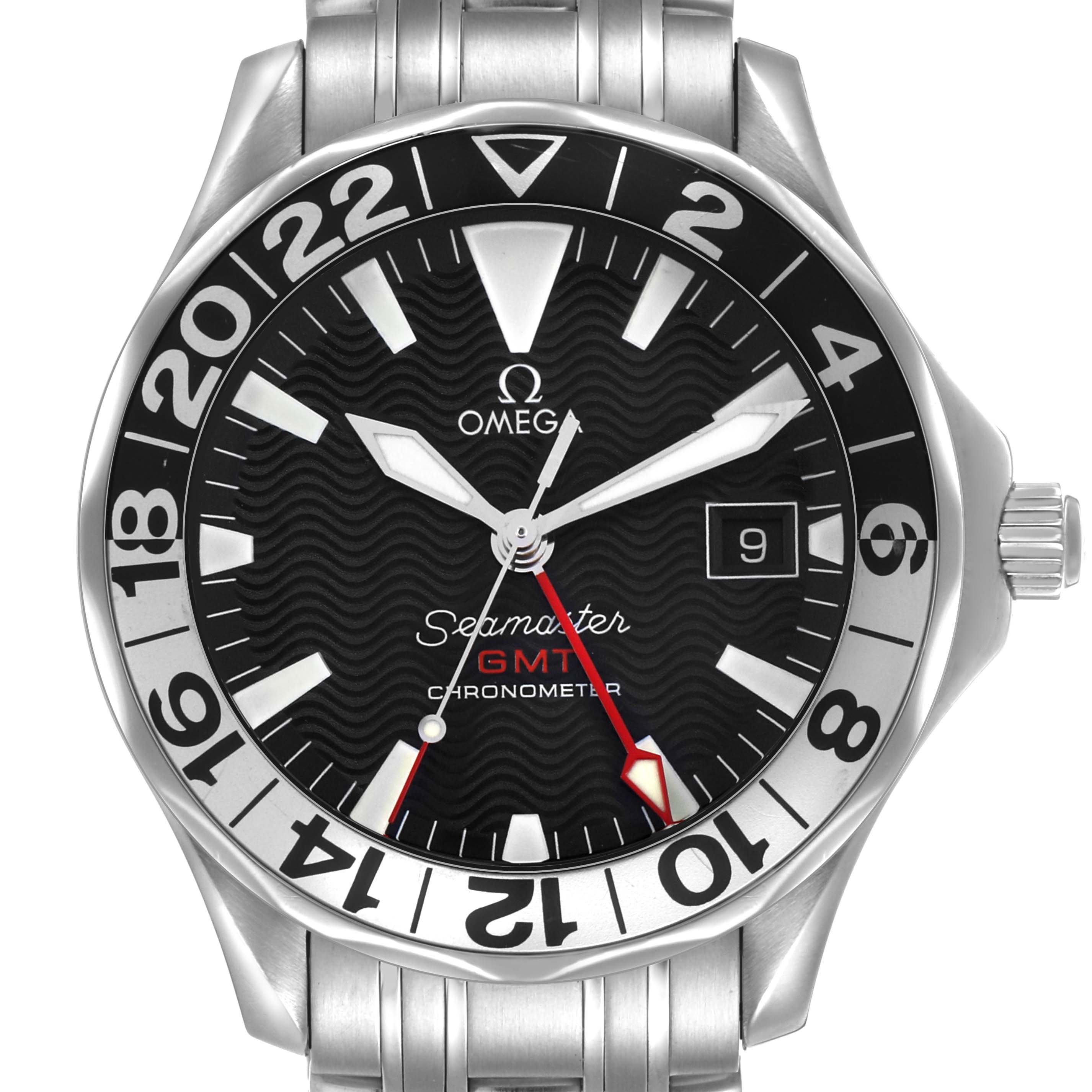 The Omega Seamaster 2534.50.00 Men's Stainless Steel Black Dial watch is shown from a front angle, displaying the dial, bezel, and crown.