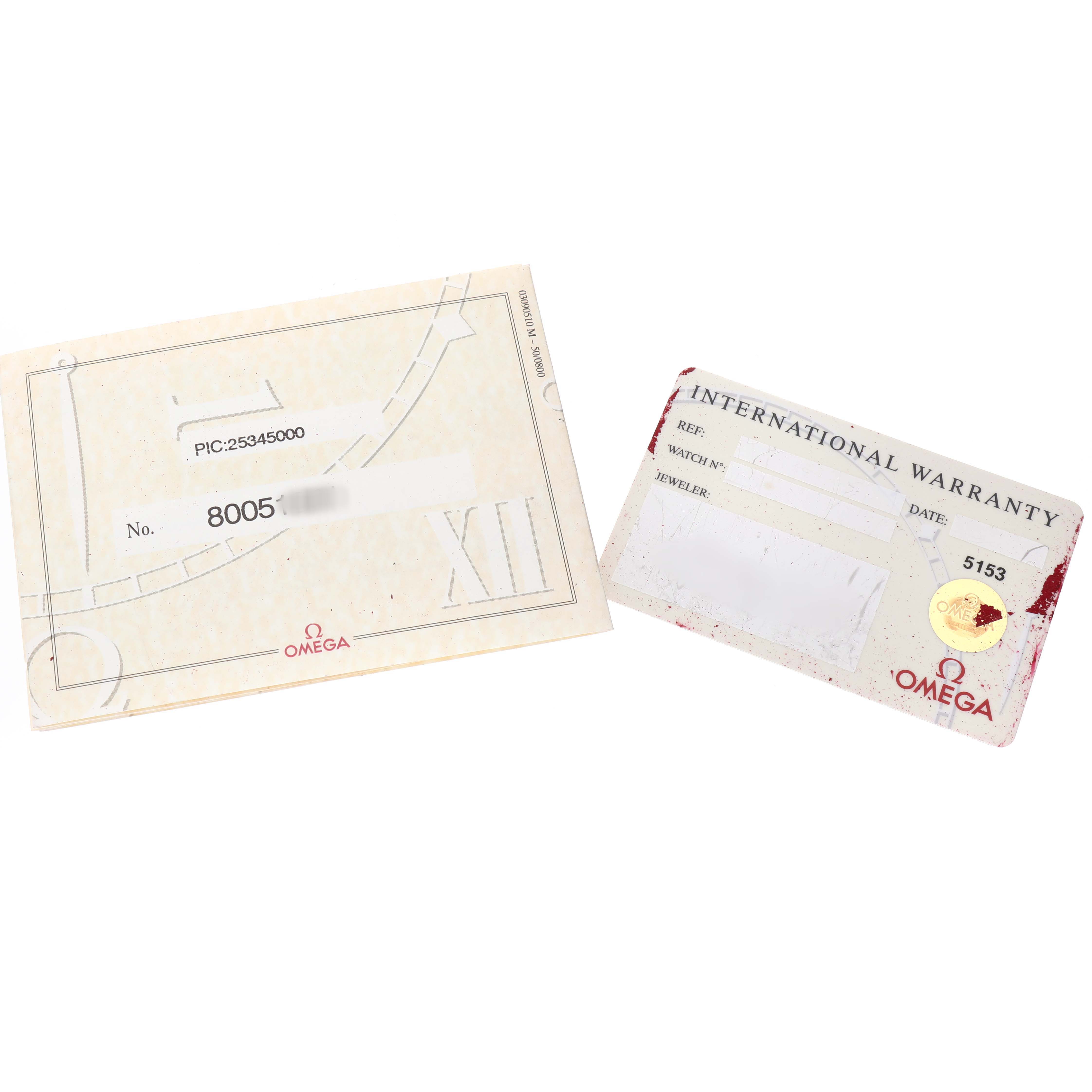 The image shows warranty and identification cards for an Omega Seamaster 2534.50.00 Men's Stainless Steel Black Dial watch, viewed from above.