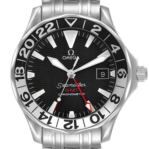 The Omega Seamaster 2534.50.00 Men's Stainless Steel Black Dial model is shown from a front angle, highlighting the dial, bezel, hands, and bracelet.