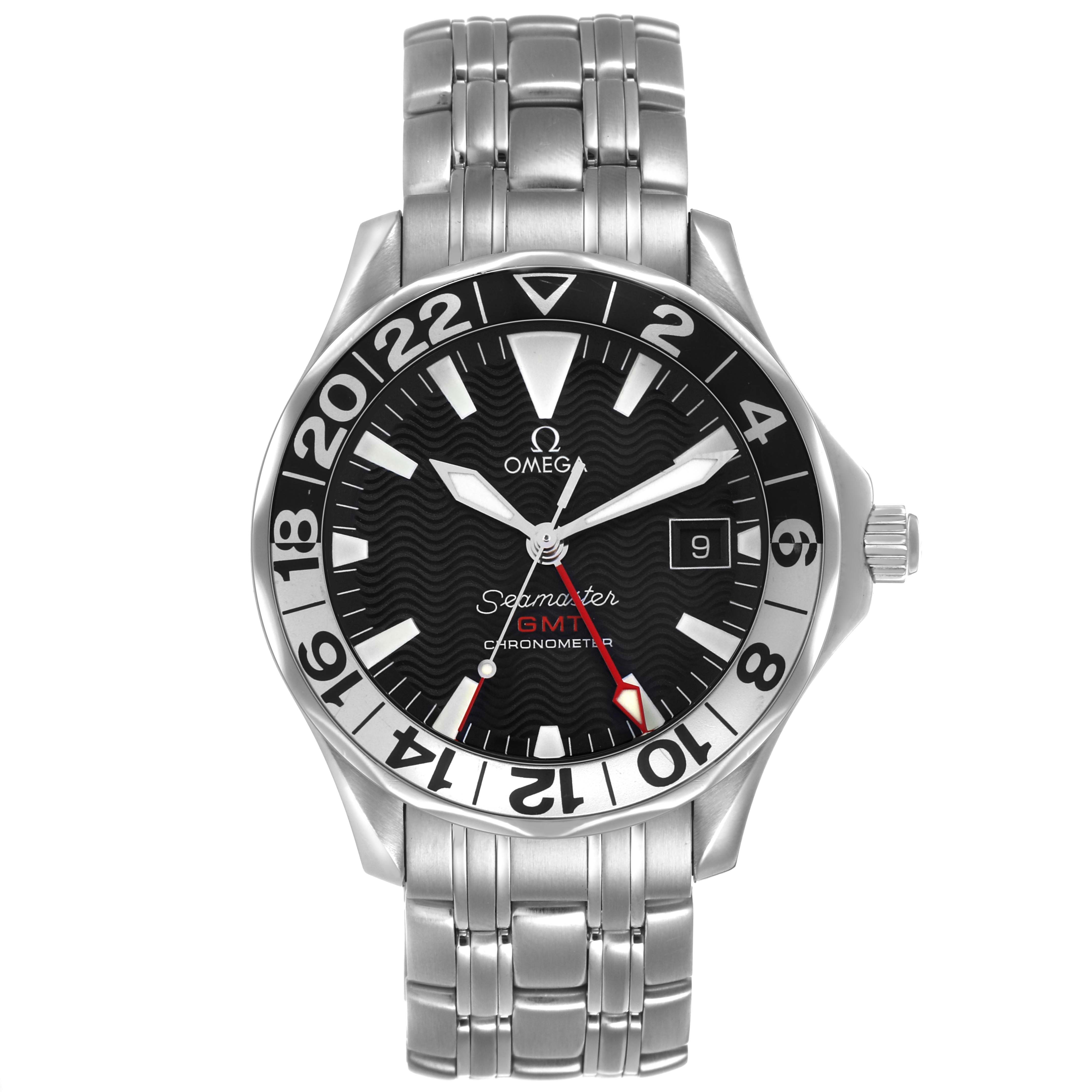 The Omega Seamaster 2534.50.00 Men's Stainless Steel Black Dial watch is shown from the front, displaying the face, bezel, crown, and part of the bracelet.