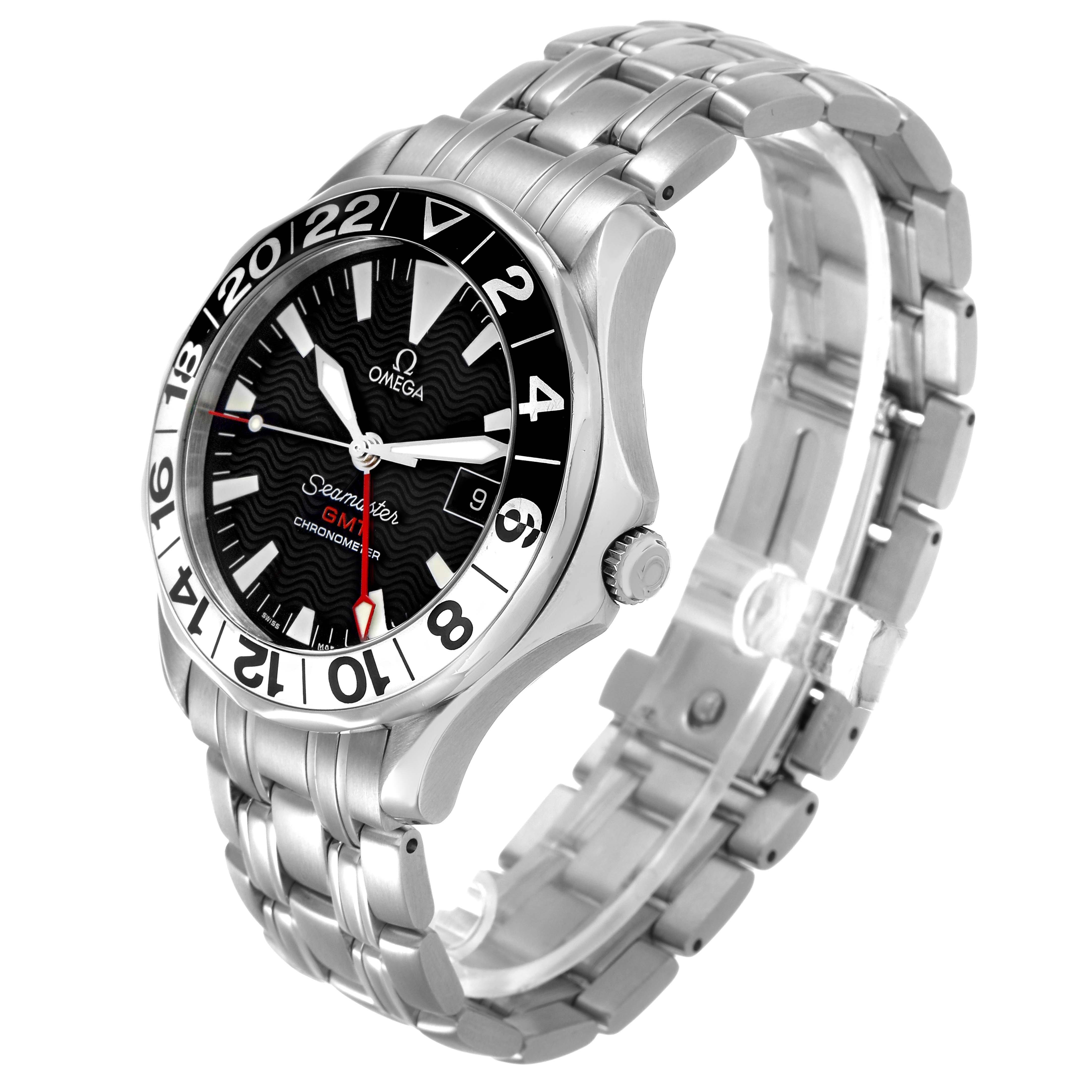 The Omega Seamaster 2534.50.00 Men's Stainless Steel Black Dial watch is shown at a three-quarter angle, displaying the face, bezel, crown, and metal bracelet.