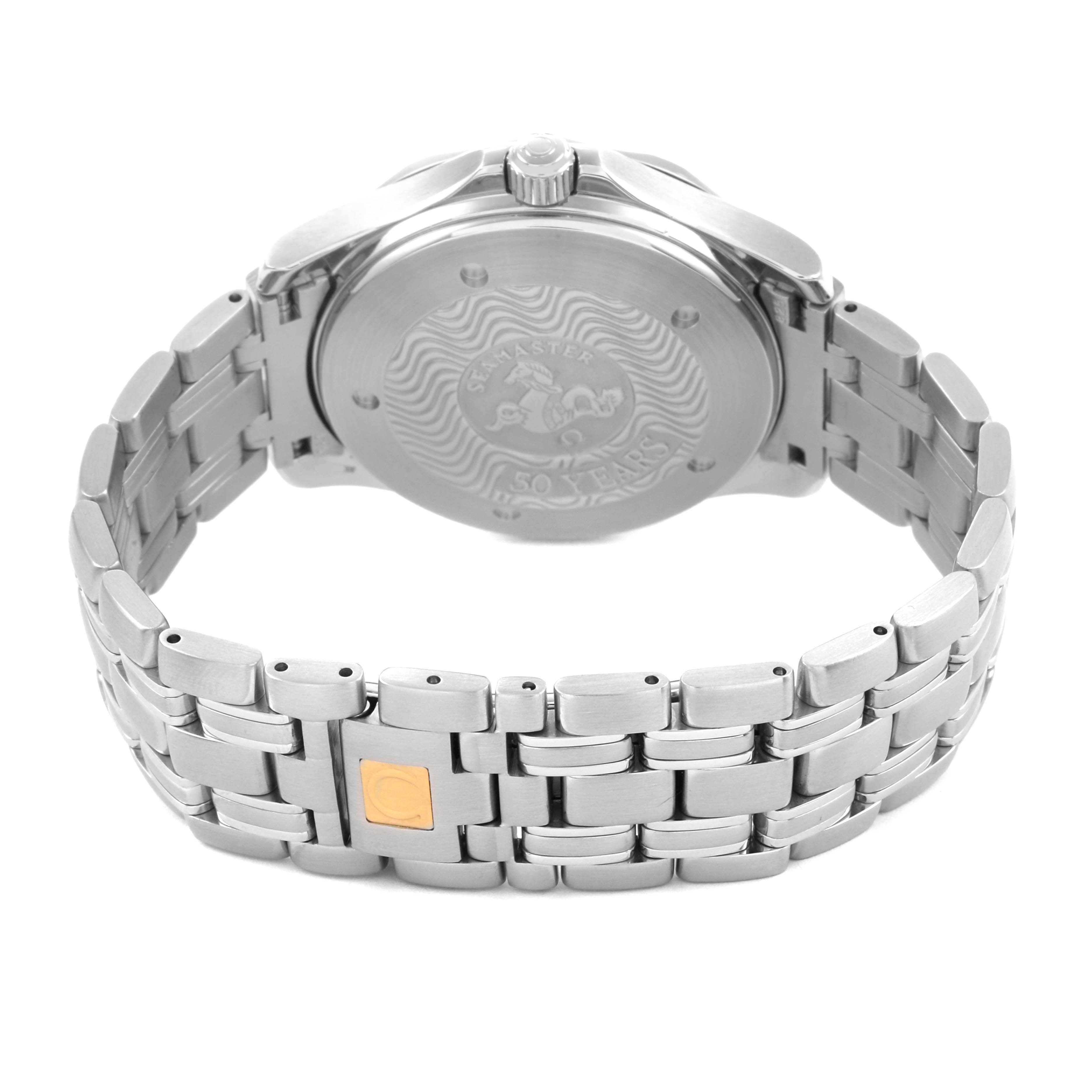 The image shows the back of the Omega Seamaster 2534.50.00 Men's Stainless Steel Black Dial, highlighting the case back and metal bracelet.