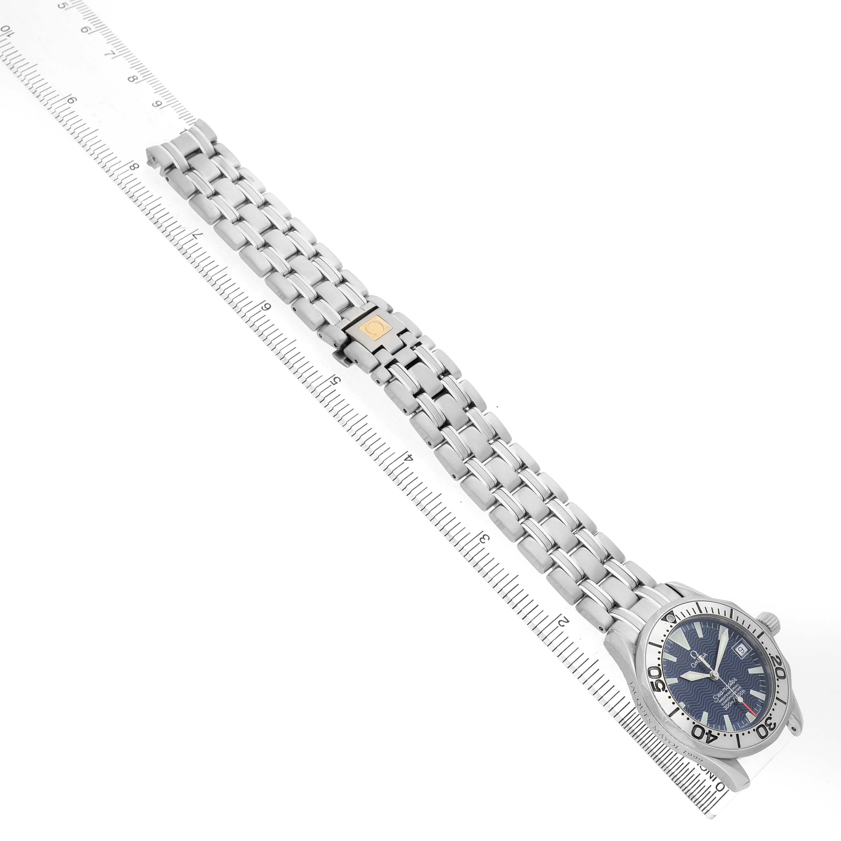The Omega Seamaster 2554.80.00 Men's Stainless Steel Blue Dial watch is shown diagonally, displaying the bracelet, bezel, and dial.