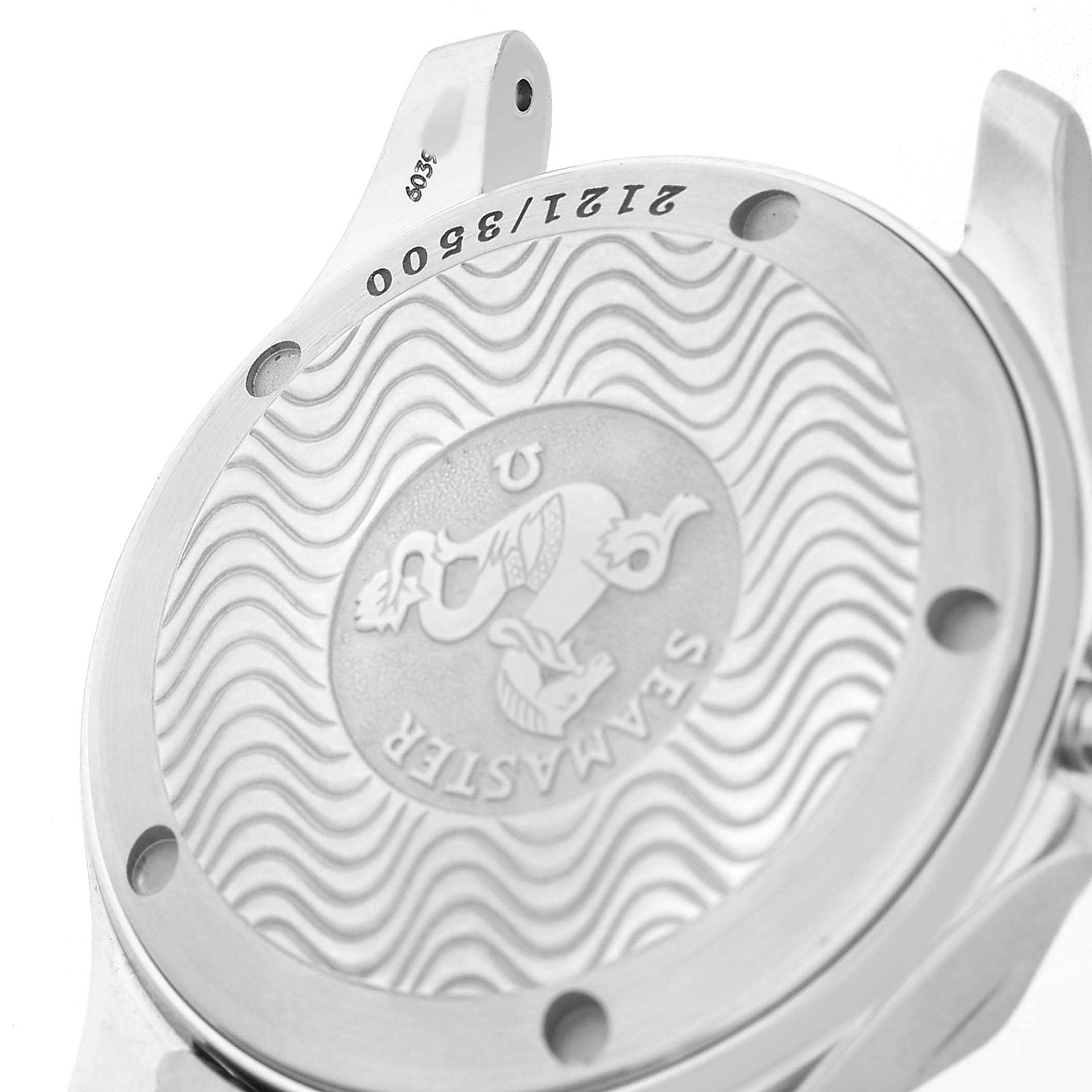 The image shows the case back of an Omega Seamaster 2554.80.00 Men's Stainless Steel Blue Dial watch, featuring its engraved design and model details.