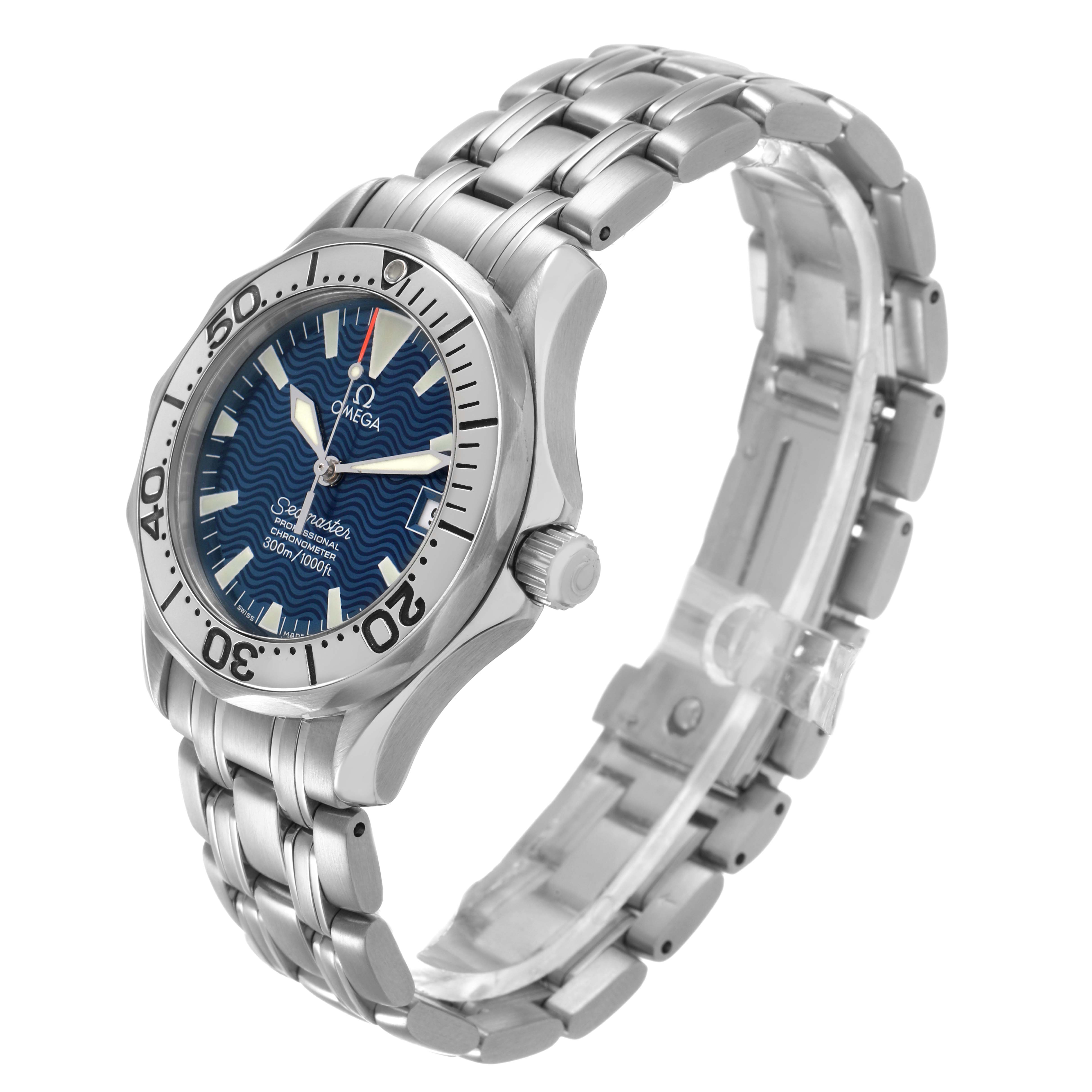 The Omega Seamaster 2554.80.00 Men's Stainless Steel Blue Dial watch is shown at a three-quarter angle, highlighting the bezel, dial, bracelet, and crown.