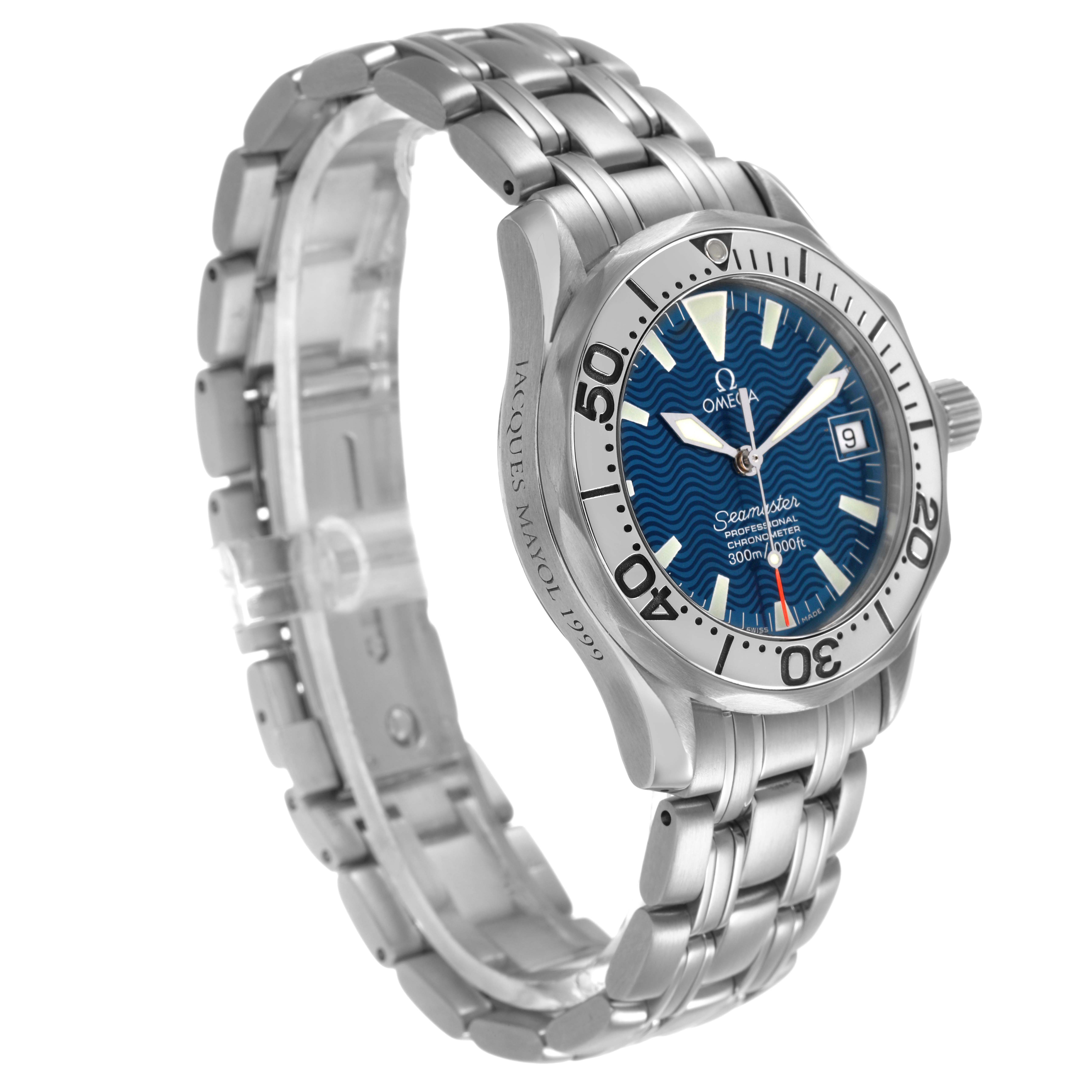 The Omega Seamaster 2554.80.00 Men's Stainless Steel Blue Dial watch is shown at a tilted angle, displaying its blue dial, bezel, and stainless steel bracelet.