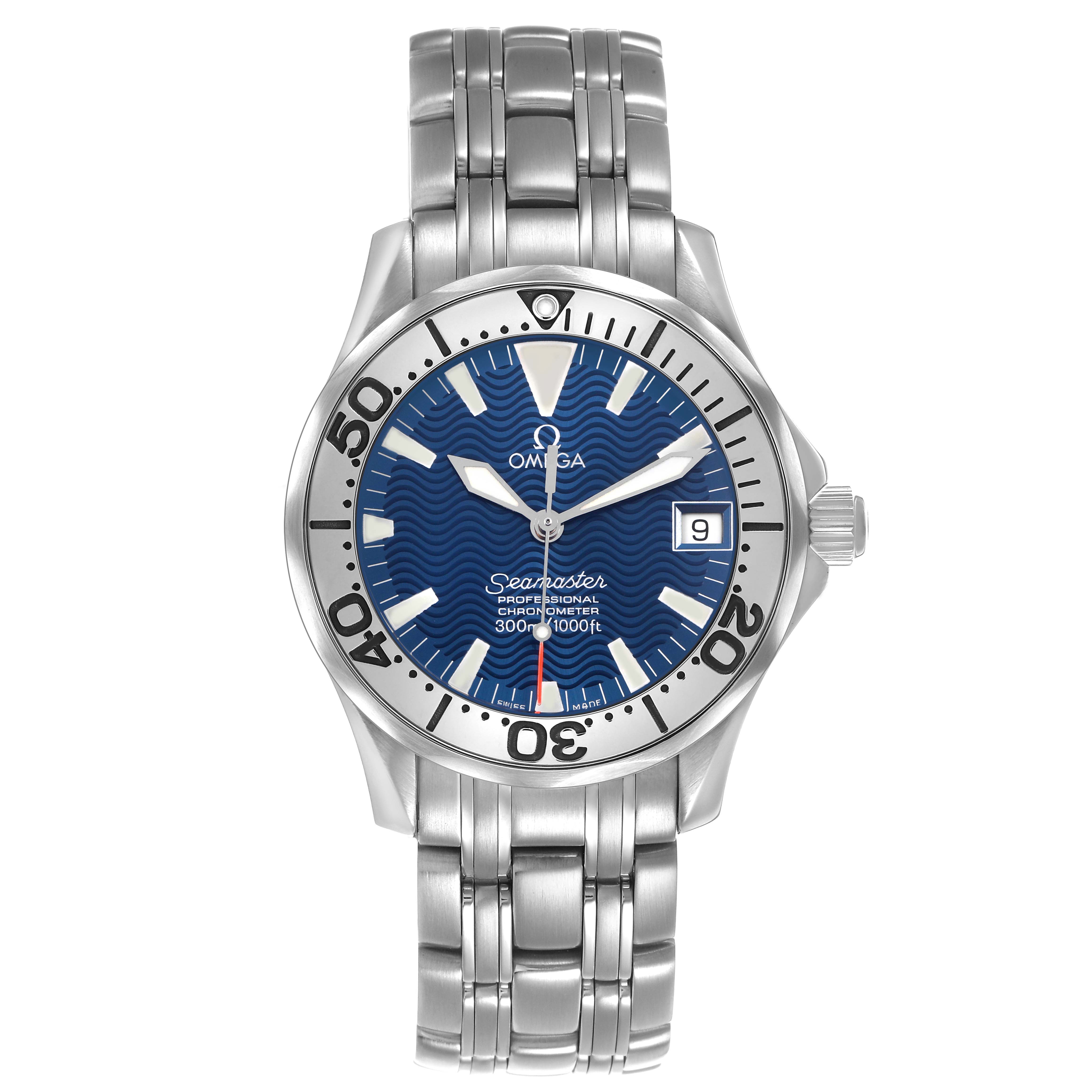 The Omega Seamaster 2554.80.00 Men's Stainless Steel Blue Dial watch is shown from the front, highlighting the face, bezel, and bracelet.