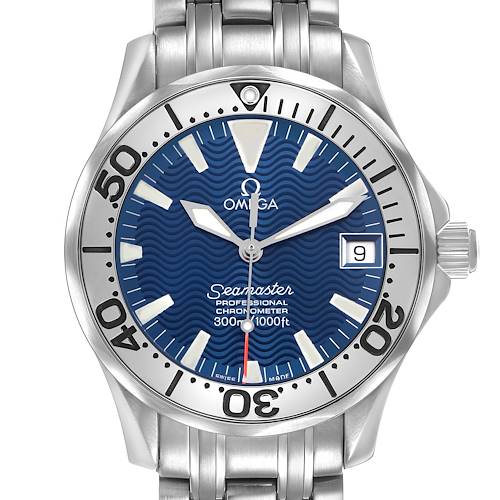 The image shows a front view of the Omega Seamaster 2554.80.00 Men's Stainless Steel Blue Dial watch, highlighting the dial, bezel, hands, and stainless steel bracelet.
