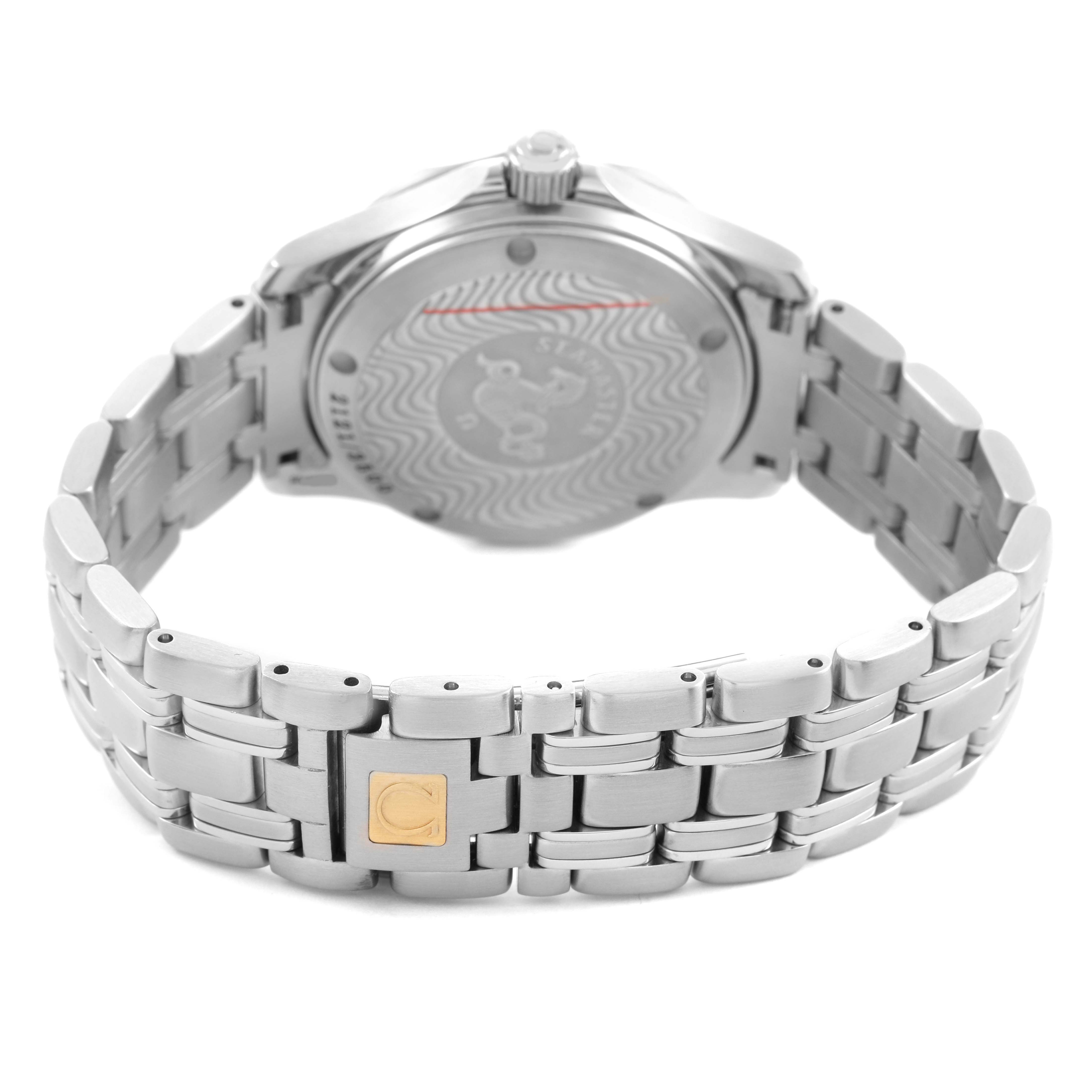 The image shows the back view of an Omega Seamaster 2554.80.00 Men's Stainless Steel Blue Dial watch, highlighting its clasp, bracelet, and case back.