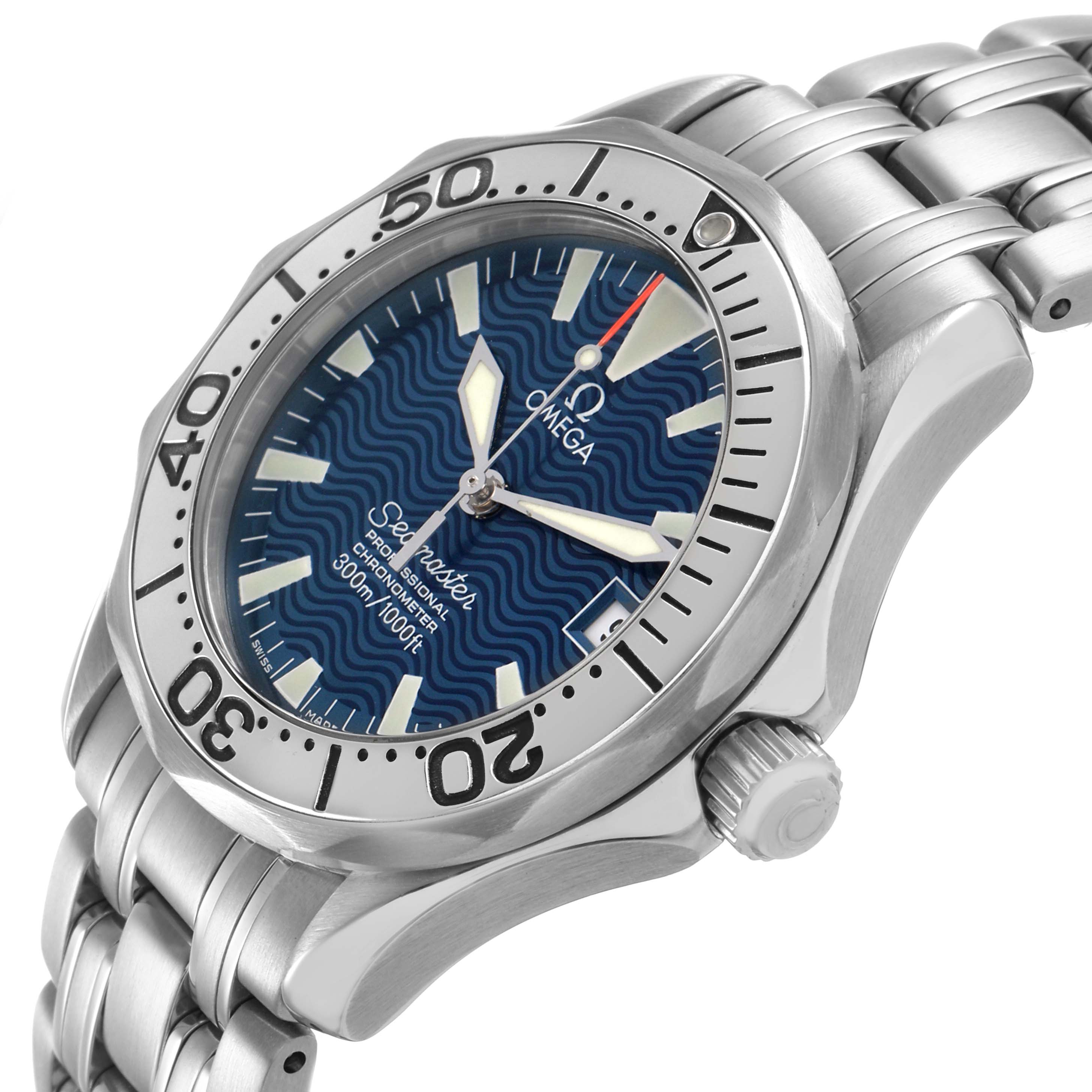The Omega Seamaster 2554.80.00 Men's Stainless Steel Blue Dial watch is shown at an angled view, highlighting the bezel, crown, dial, and part of the bracelet.