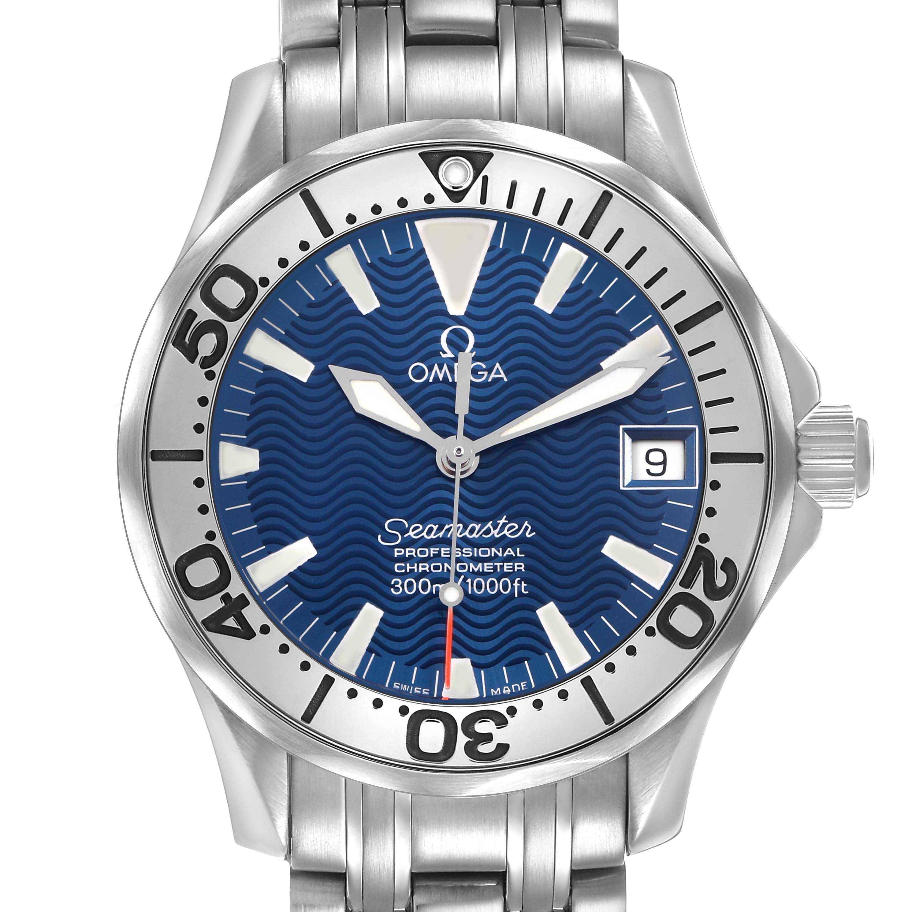 The Omega Seamaster 2554.80.00 Men's Stainless Steel Blue Dial watch is shown from a front angle, displaying its face, bezel, hands, and part of the bracelet.