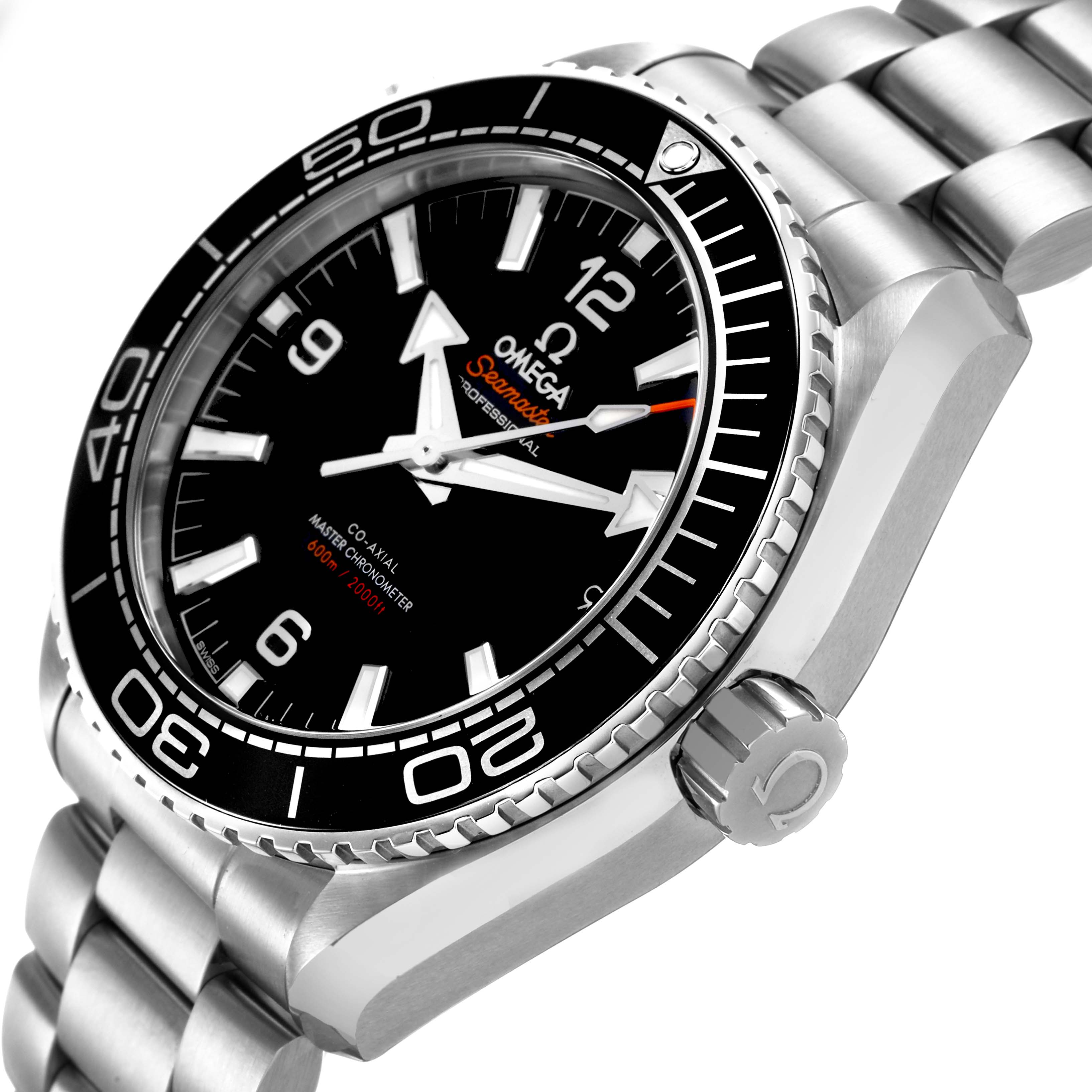 The Omega Seamaster 215.30.44.21.01.001 Men's Stainless Steel Black Dial watch is shown from a side angle, highlighting the bezel, dial, and bracelet.