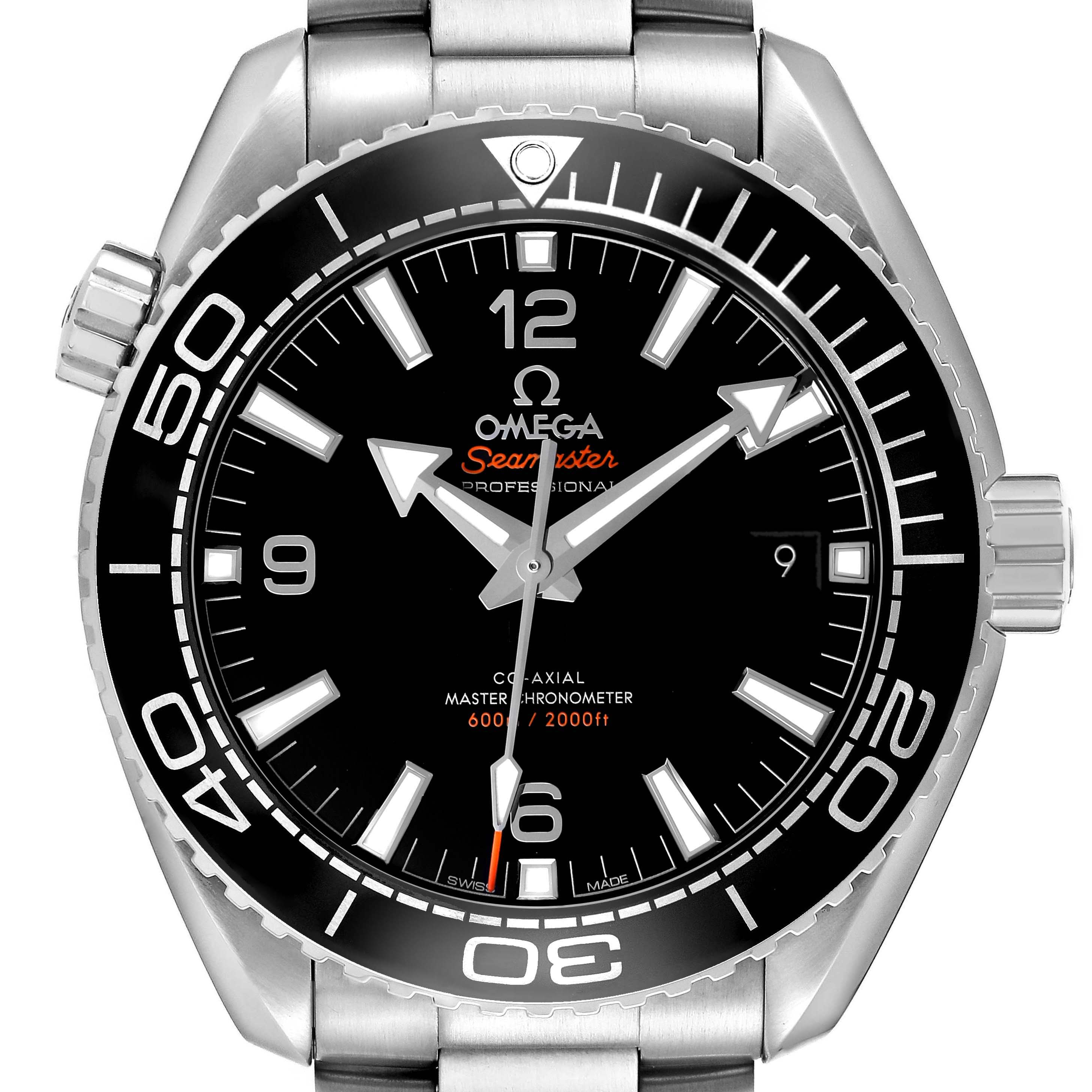 The Omega Seamaster 215.30.44.21.01.001 Men's Stainless Steel Black Dial watch is shown from the front, displaying its face, hands, bezel, and the crown on the side.