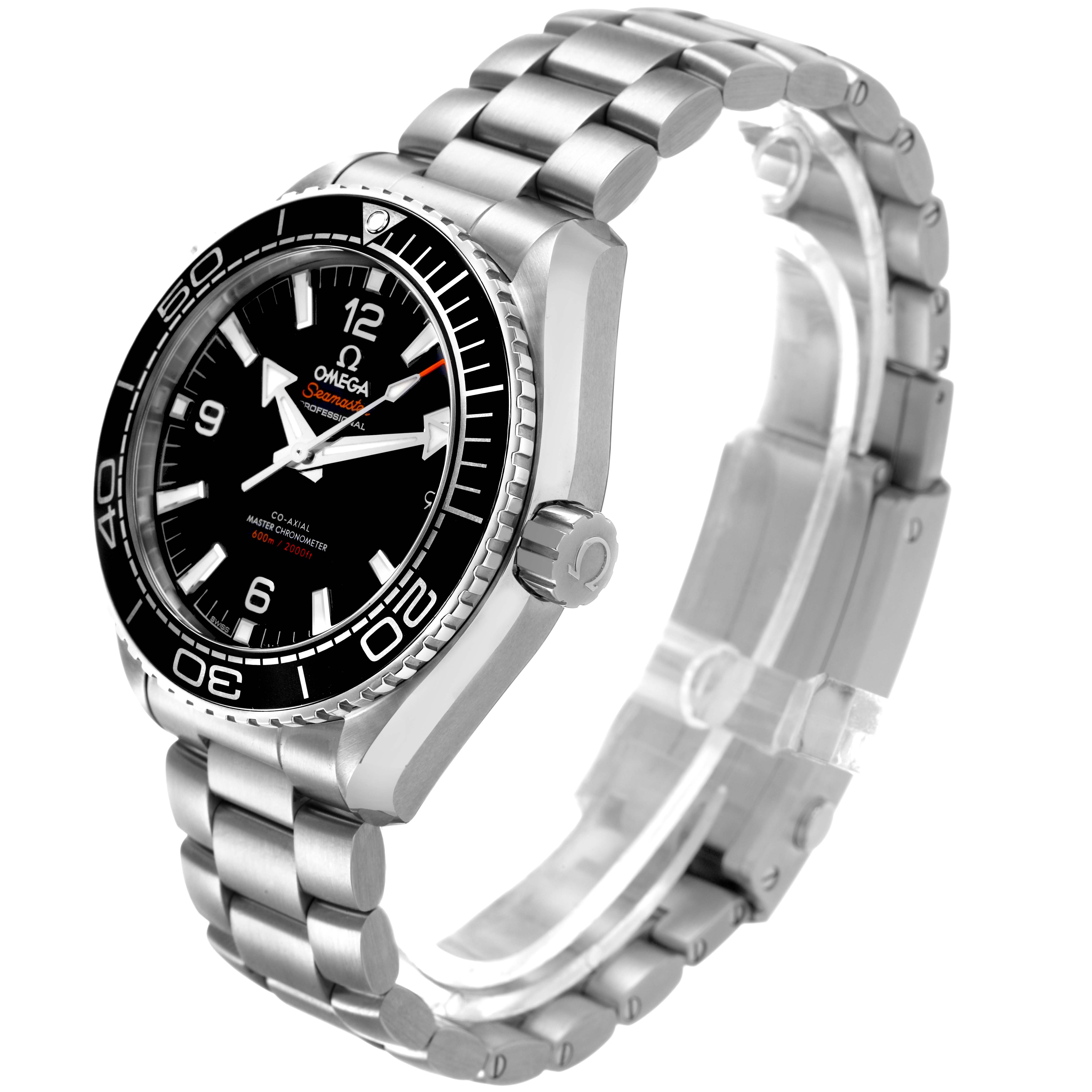 The Omega Seamaster 215.30.44.21.01.001 Men's Stainless Steel Black Dial is shown at a three-quarter angle, displaying the dial, bezel, case, crown, and bracelet.