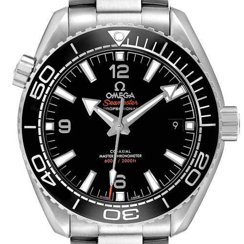 The Omega Seamaster 215.30.44.21.01.001 Men's Stainless Steel Black Dial model is shown from the front, displaying the dial, bezel, markers, and part of the bracelet.