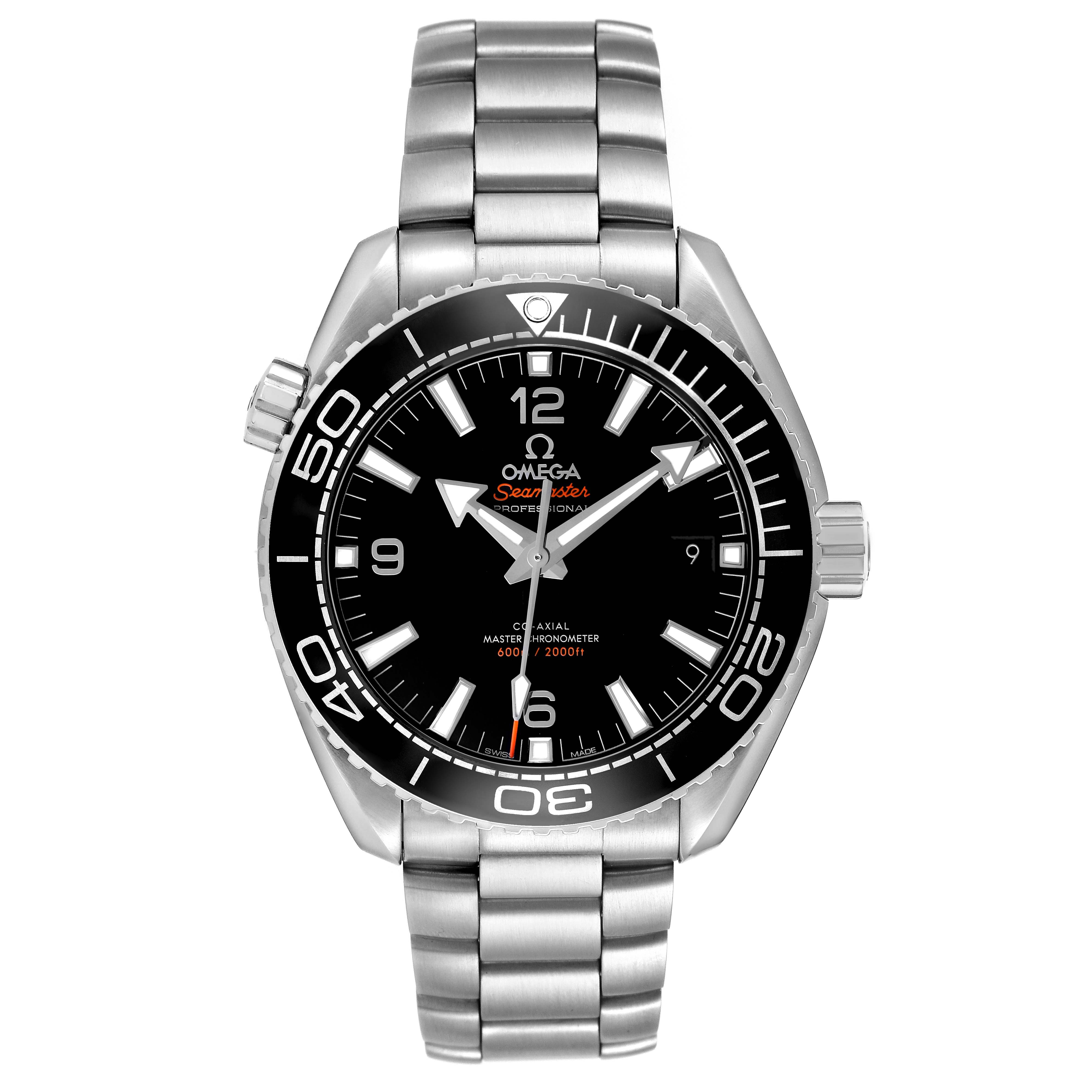The Omega Seamaster 215.30.44.21.01.001 Men's Stainless Steel Black Dial watch is shown from a top-down angle, displaying the face, bezel, bracelet, and crown.