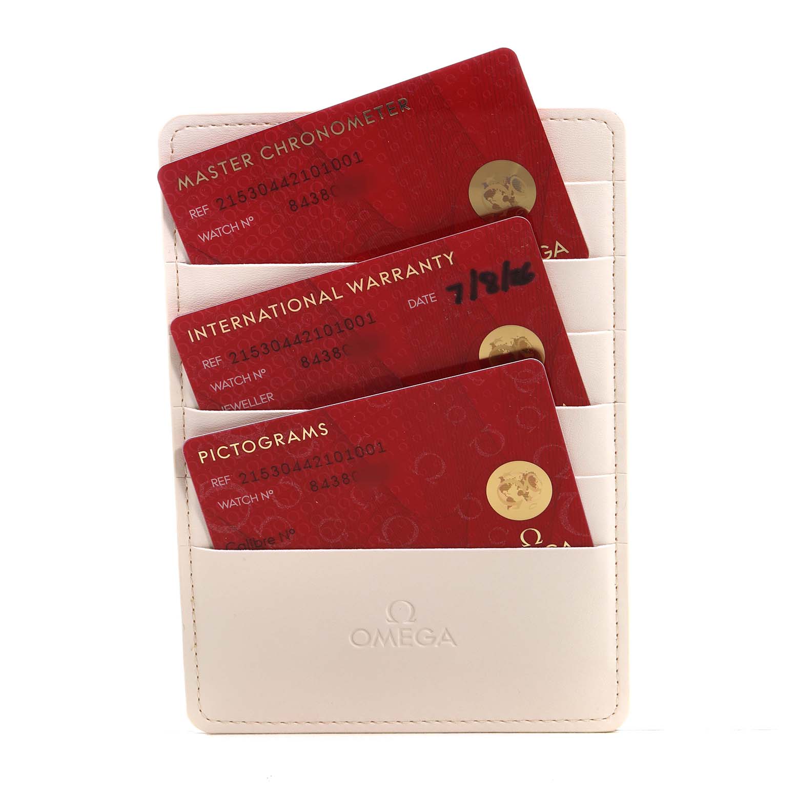 The image shows Omega Seamaster 215.30.44.21.01.001 Men's Stainless Steel Black Dial documentation cards in a beige holder, viewed from the front.