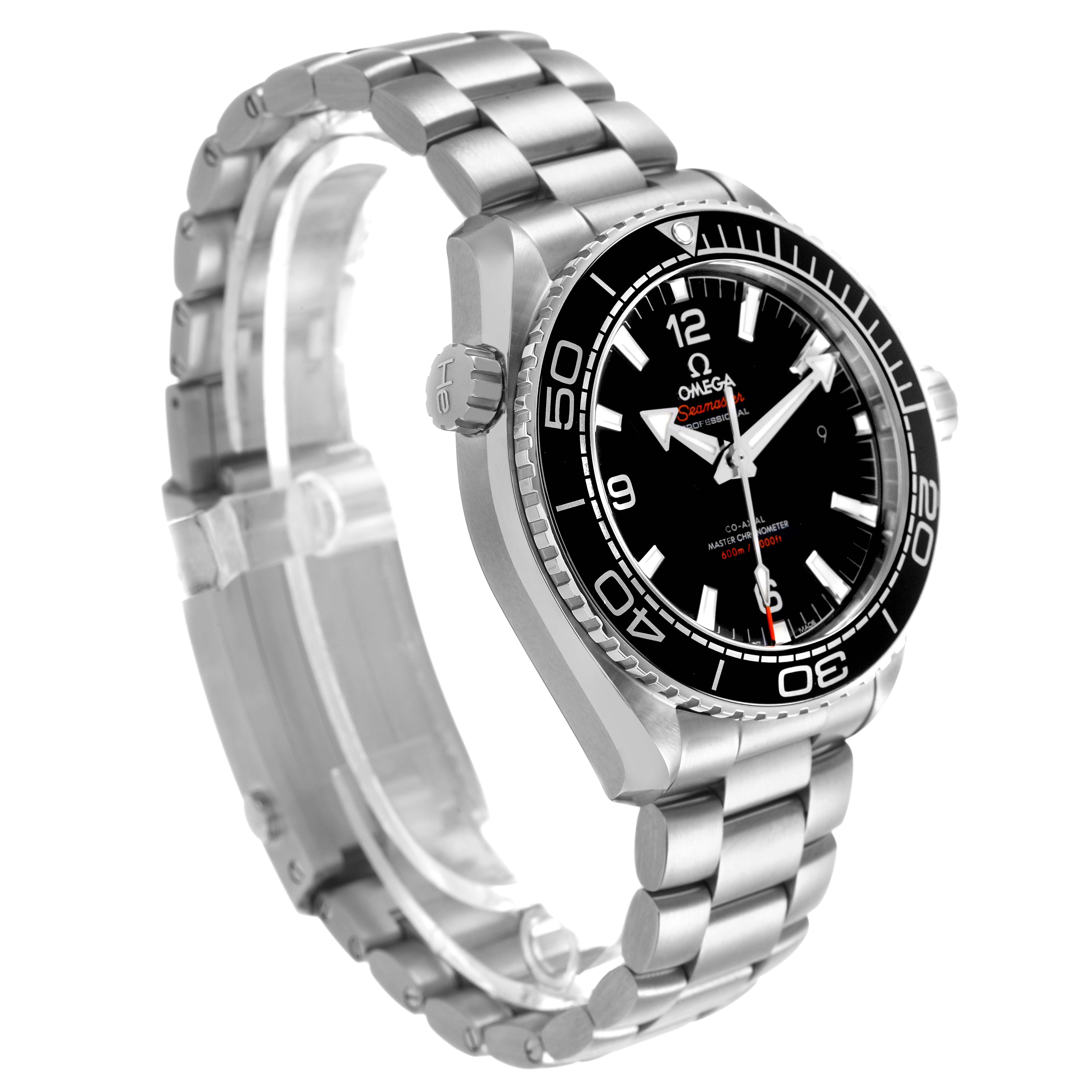 The Omega Seamaster 215.30.44.21.01.001 Men's Stainless Steel Black Dial watch is shown at a three-quarter angle, highlighting its dial, bezel, crown, and metal bracelet.
