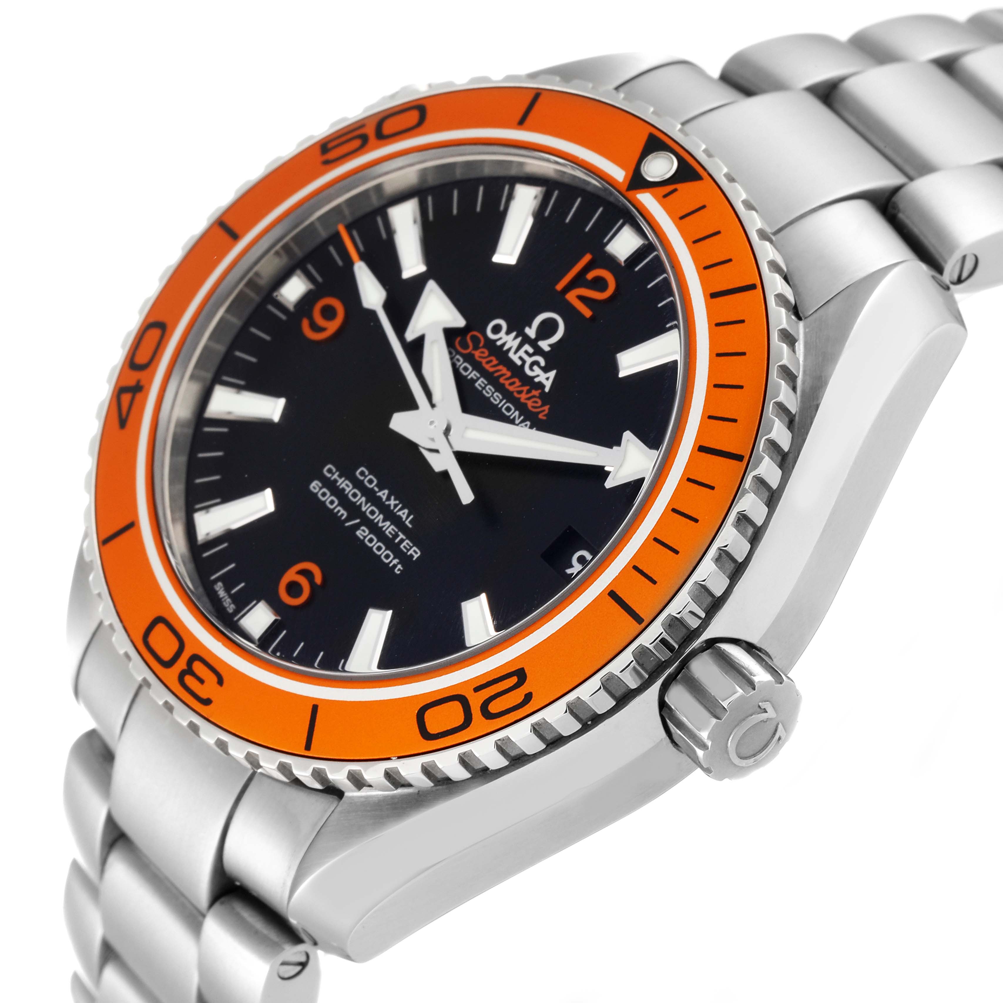 The Omega Planet Ocean 232.30.42.21.01.002 Men
s Stainless Steel Black Dial 232.30.42.21.01.002 Men
s Stainless Steel Black Dial watch is shown at a slight angle, highlighting the orange bezel, dial, crown, and stainless steel bracelet.