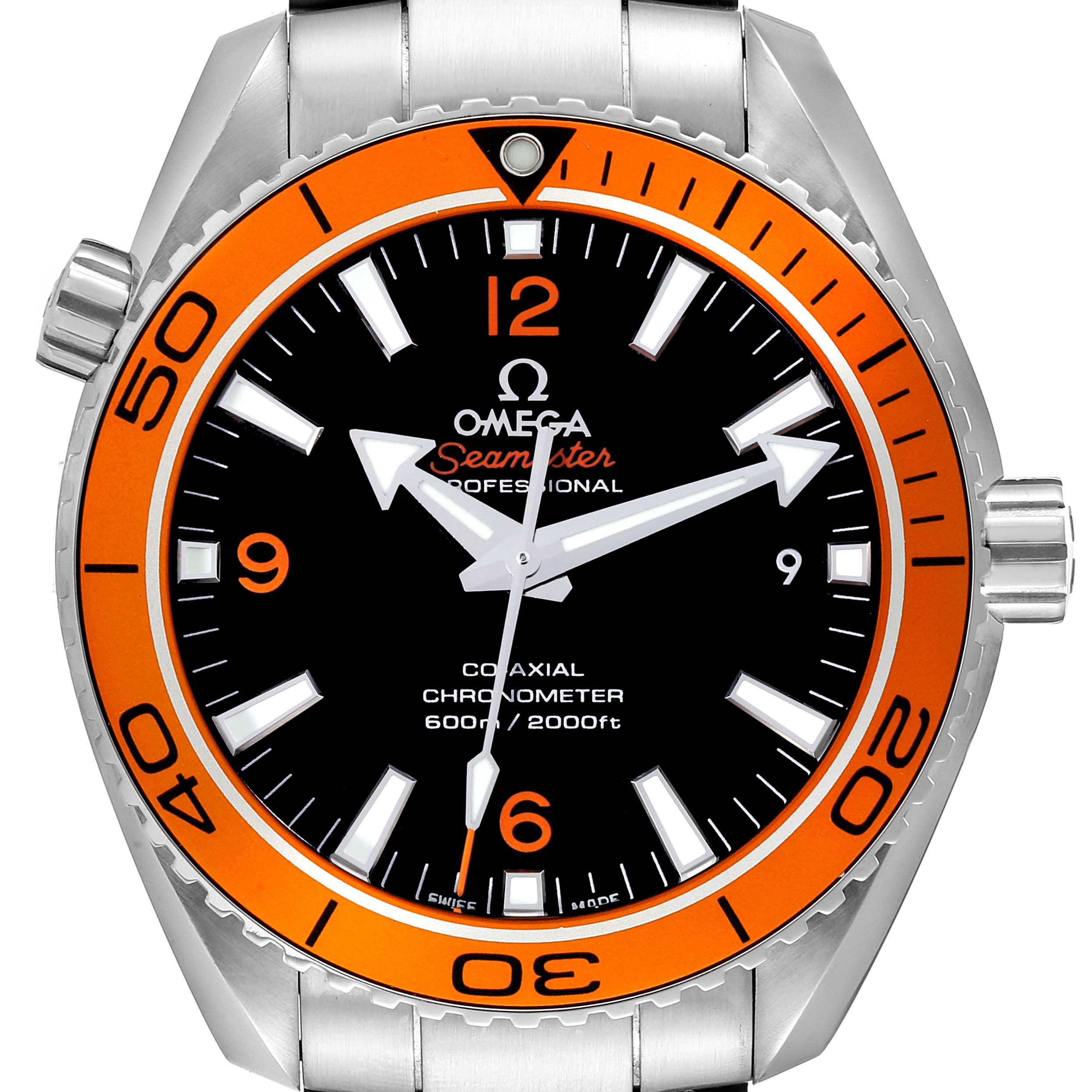 The image shows a close-up front view of the Omega Planet Ocean 232.30.42.21.01.002 Men
s Stainless Steel Black Dial 232.30.42.21.01.002 Men
s Stainless Steel Black Dial Seamaster Professional watch displaying the dial and bezel.