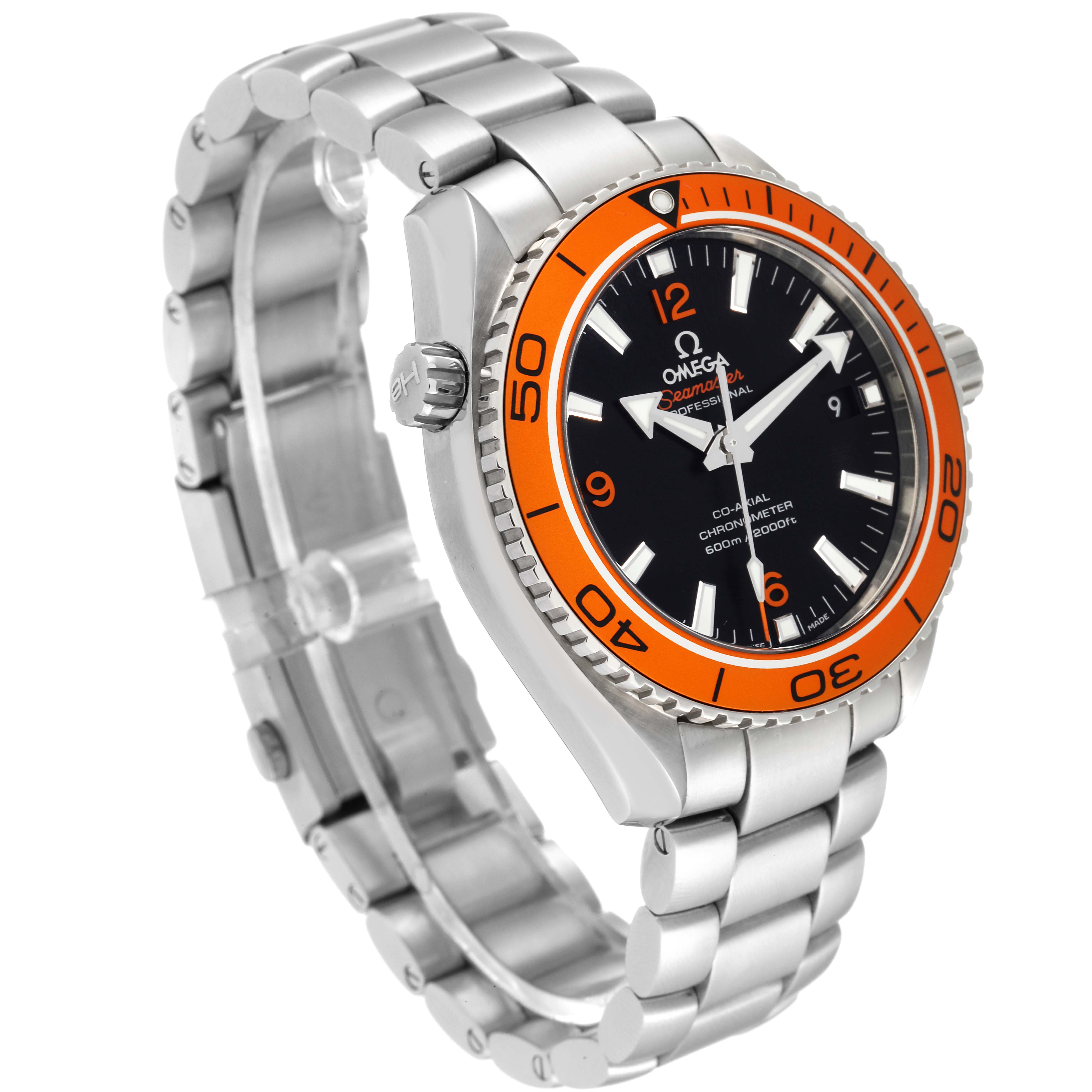 This Omega Planet Ocean 232.30.42.21.01.002 Men
s Stainless Steel Black Dial 232.30.42.21.01.002 Men
s Stainless Steel Black Dial watch is shown at a slight angle, highlighting the dial, orange bezel, crown, and stainless steel bracelet.